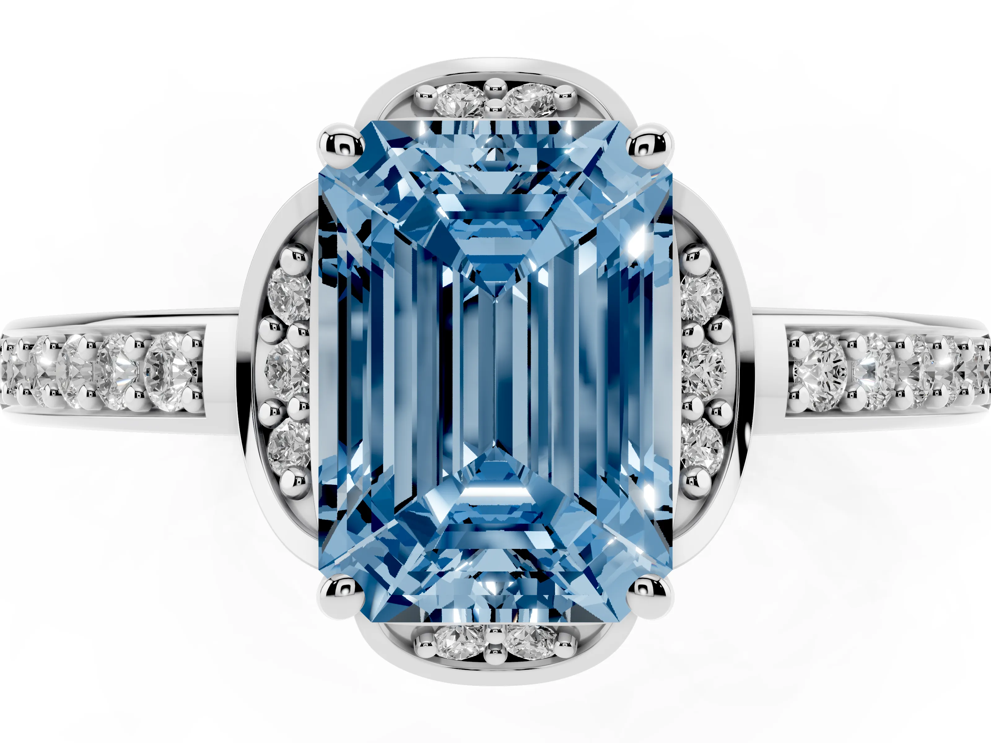 Fancy Blue Emerald Cut Diamond Halo Ring Set in Silver with Channel Set Band and Prong Setting