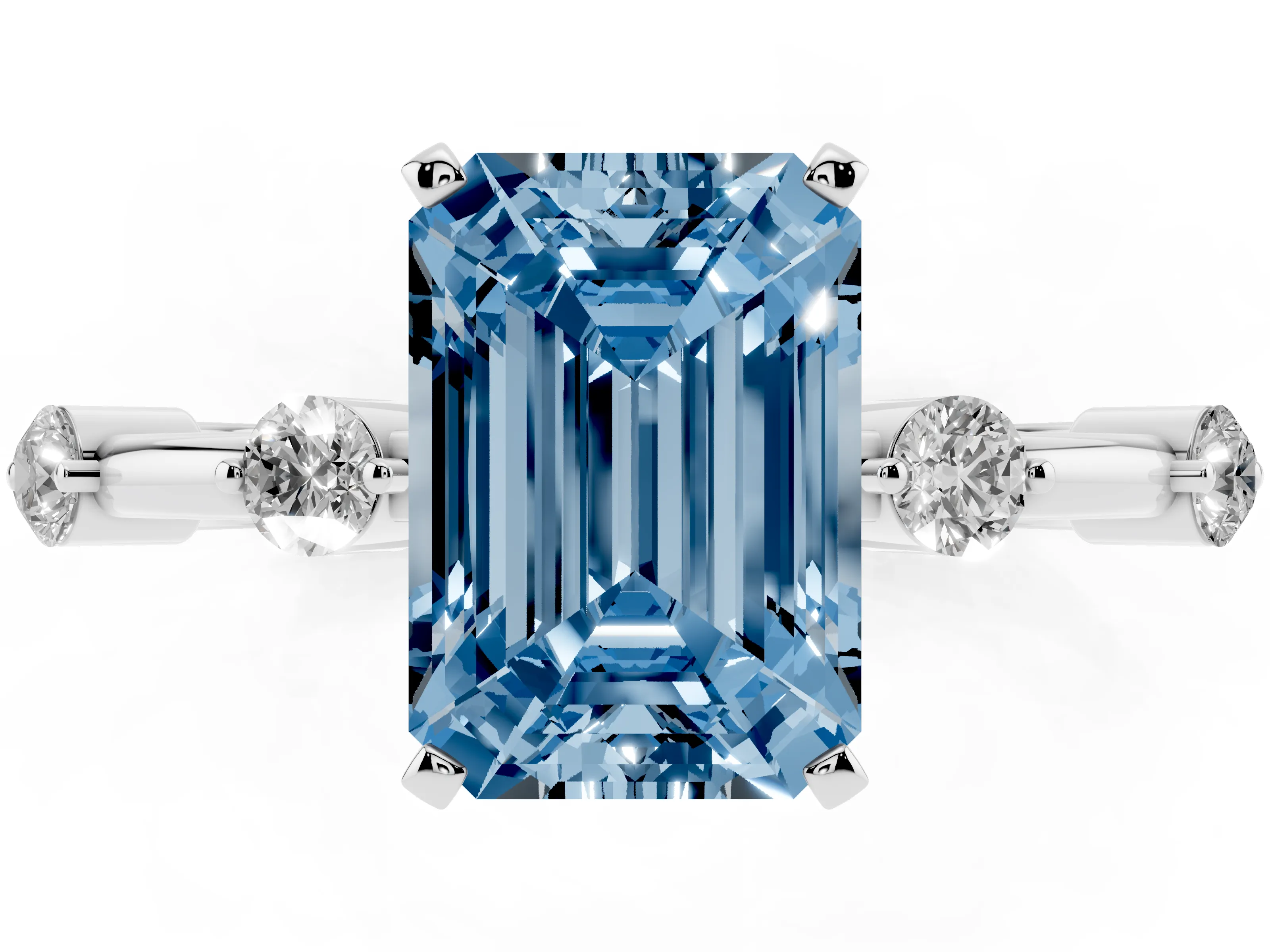 Fancy Blue Emerald Cut Diamond Solitaire Ring Set in White gold with Bezel Set Side Stones and Prong Setting