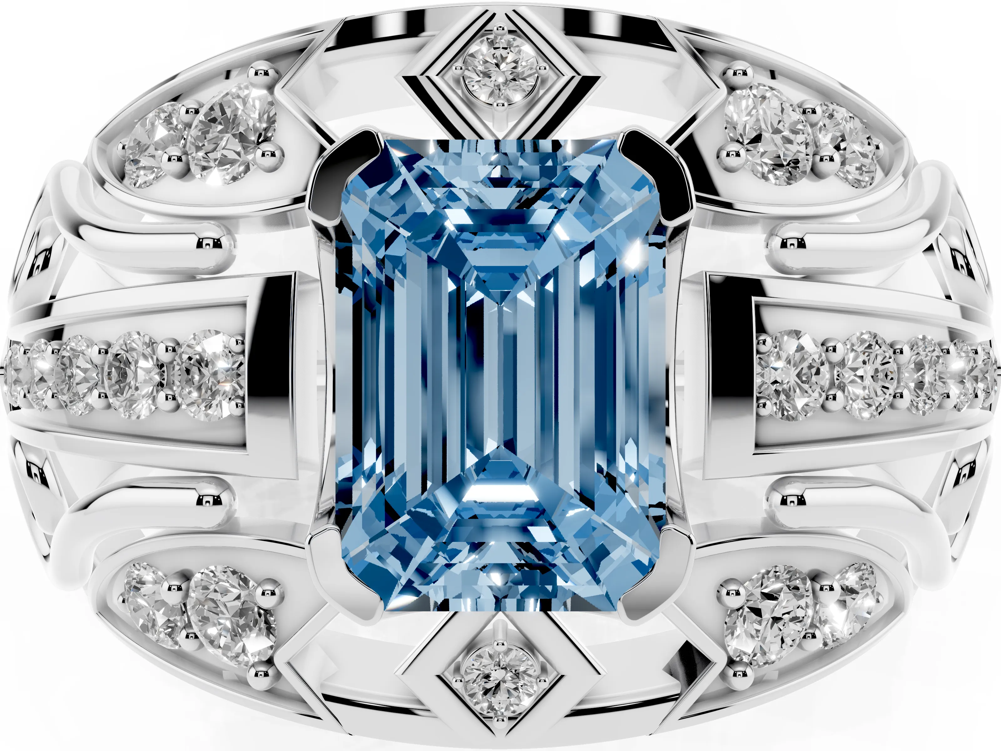 Fancy Blue Emerald Cut Diamond Art Deco Ring Set in Silver with Pavé Split Shank