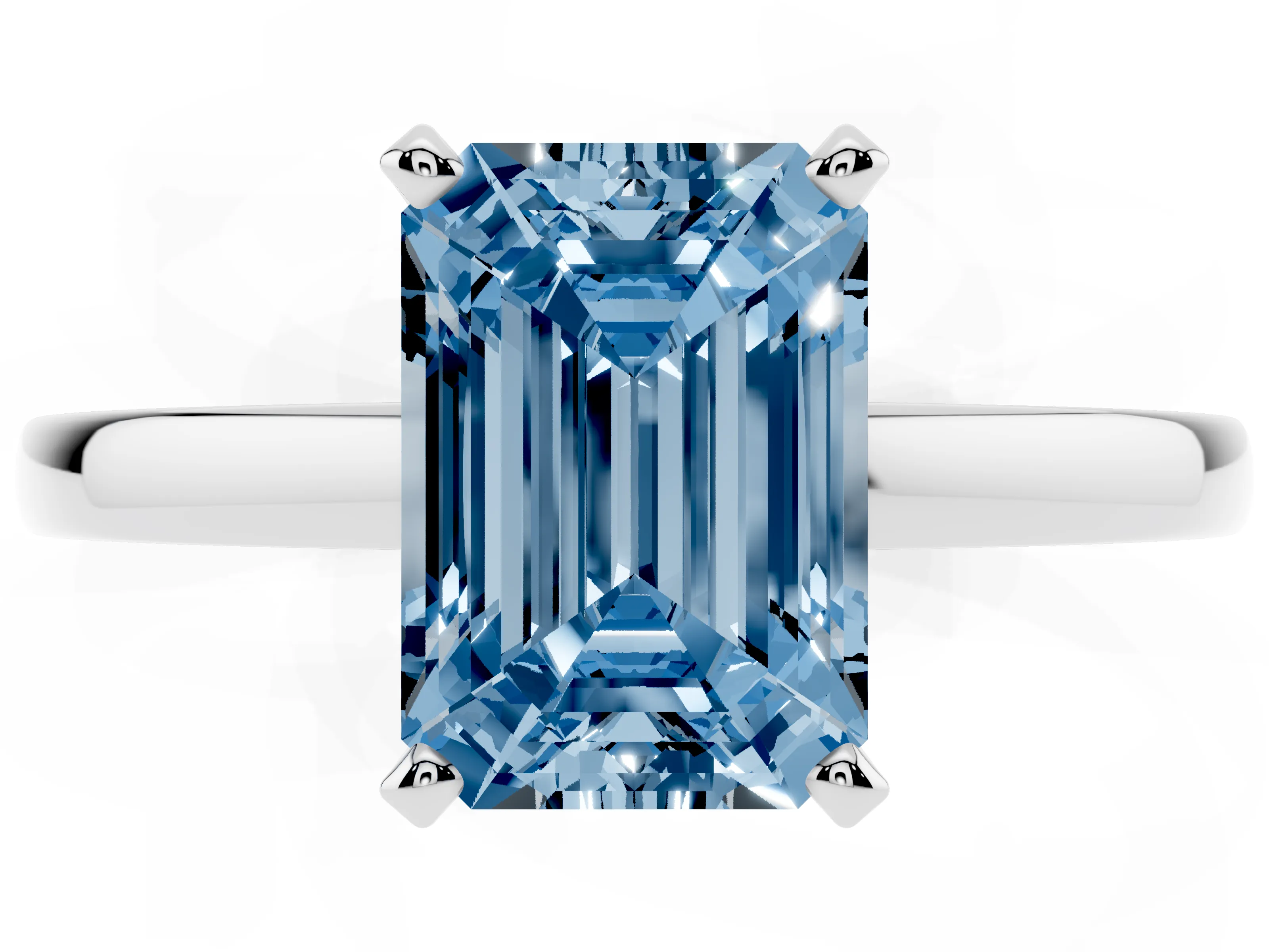 Fancy Blue Emerald Cut Diamond Solitaire Engagement Ring Set in Platinum with Prong Setting on a Classic Band