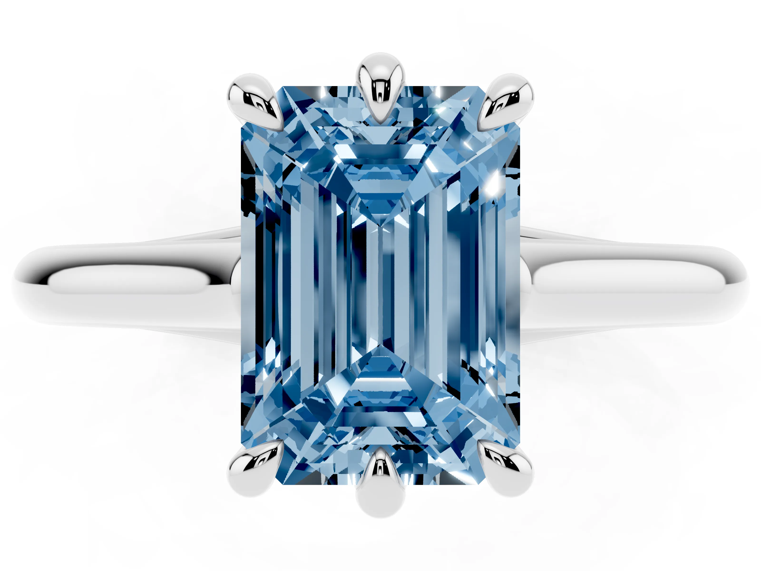 Fancy Blue Emerald Cut Diamond Solitaire Engagement Ring Set in White gold with Prong Setting and Plain Classic Band