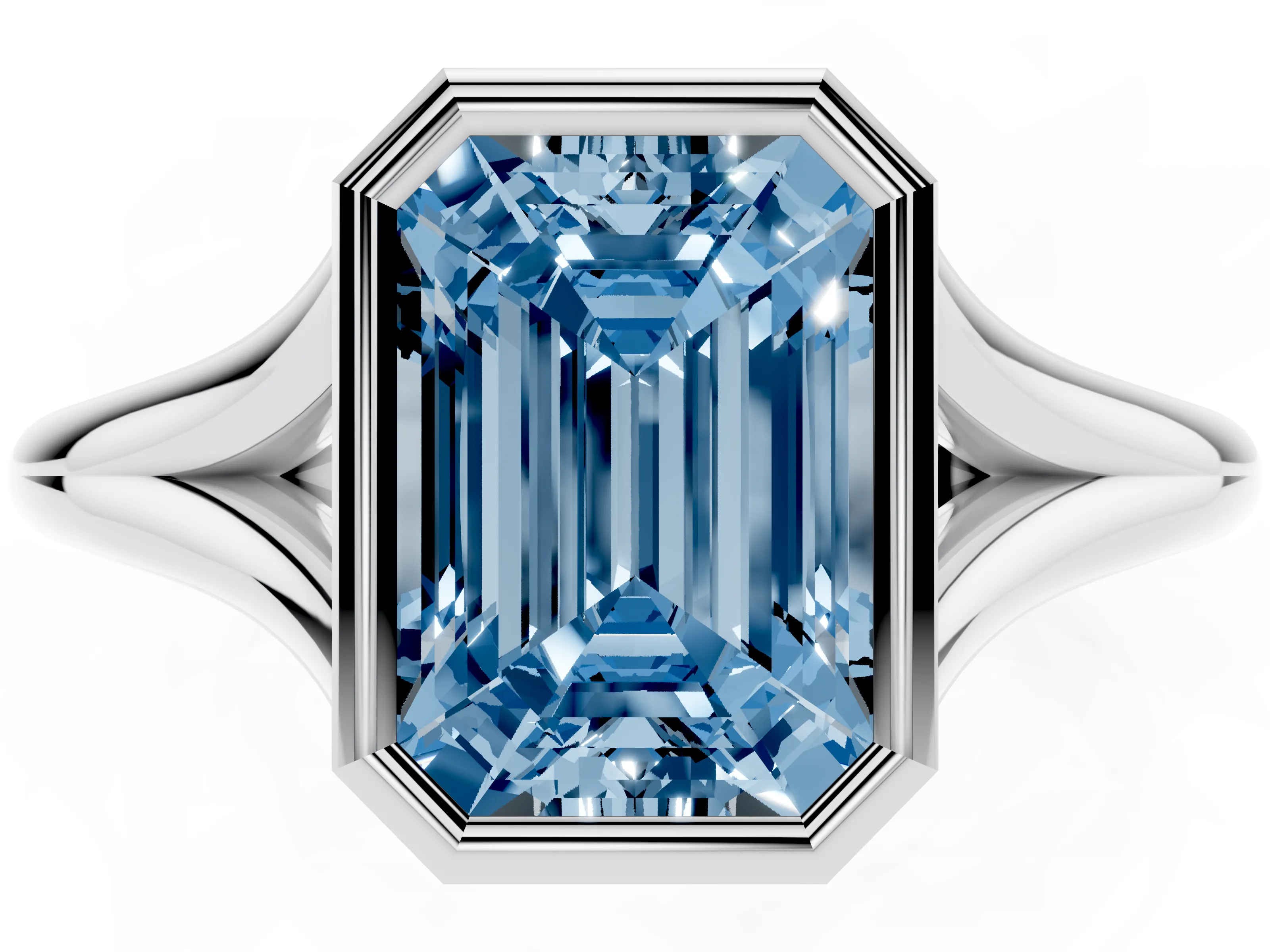 Fancy Blue Bezel Set Emerald Cut Diamond Solitaire Ring Set in Platinum with Tapered Band