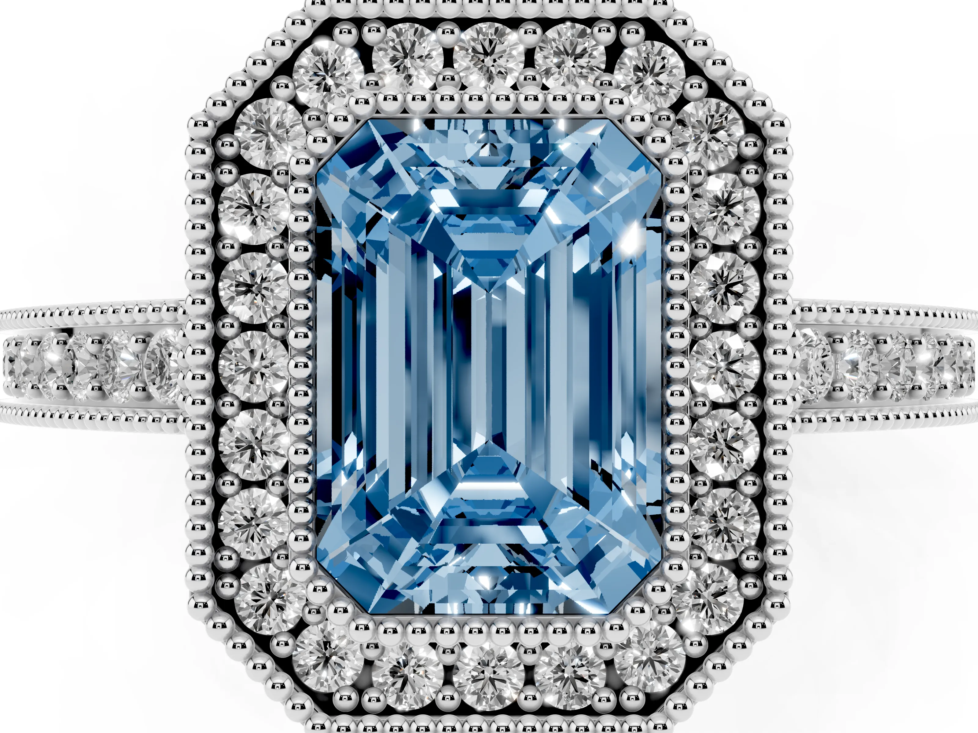 Fancy Blue Emerald Cut Diamond Round Halo Ring Set in Silver with Pavé Band