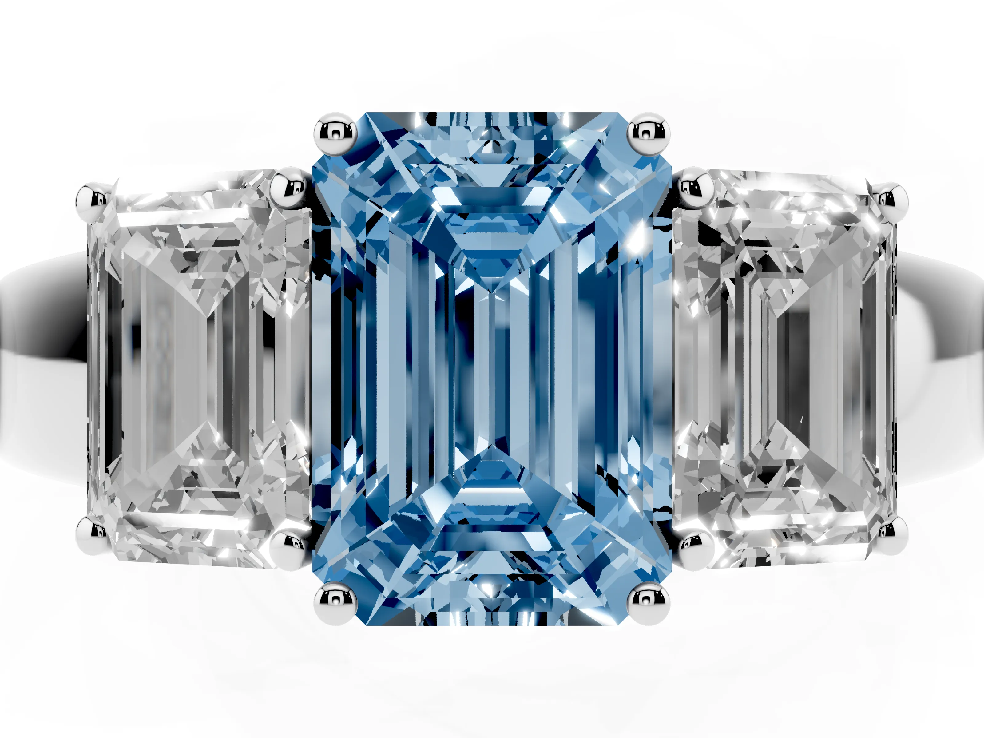 Fancy Blue Three-Stone Emerald Cut Diamond Ring Set in Platinum with Matching Prong Settings and Plain Band