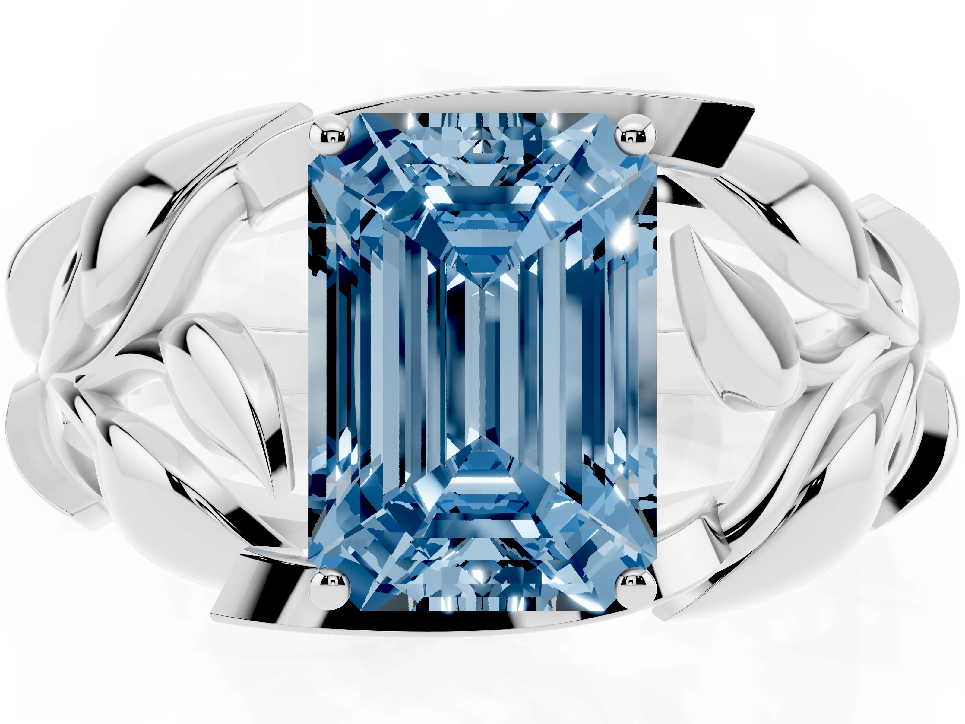 Fancy Blue Emerald Cut Diamond Leaf-Inspired Engagement Ring Set in Silver with Round Accents
