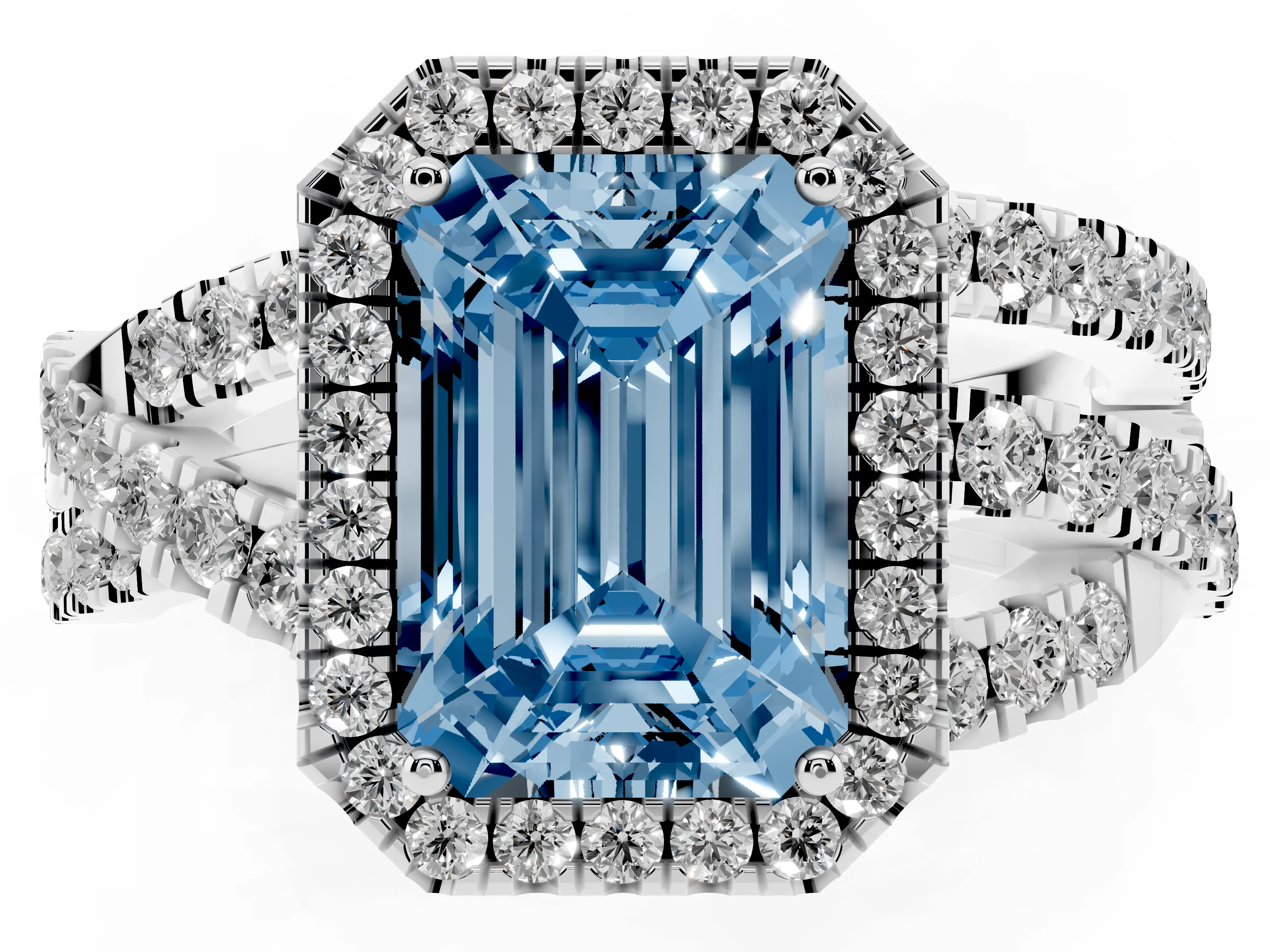 Fancy Blue Emerald Cut Diamond Halo Ring Set in Platinum with Round Crossover Split Shank and Prong Setting