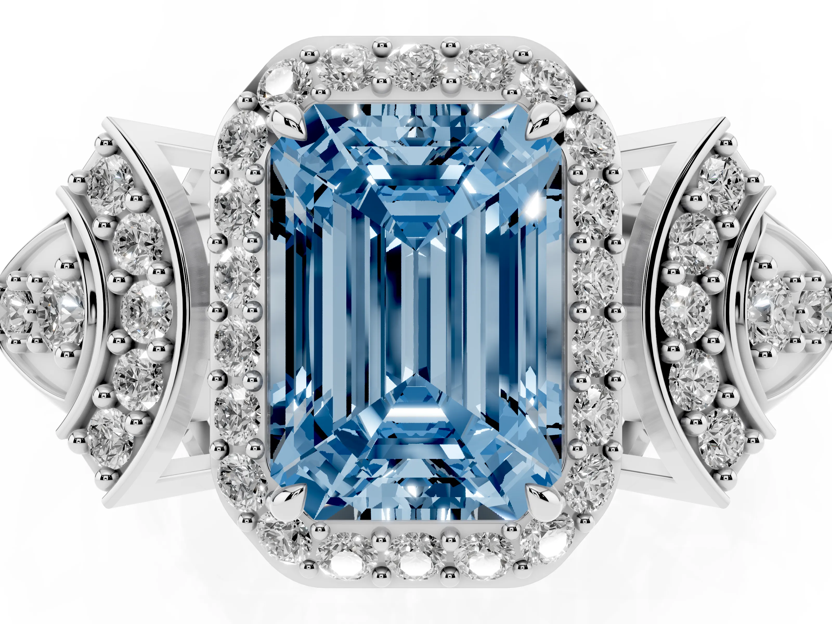 Fancy Blue Emerald Cut Diamond Halo Engagement Ring Set in Silver with Accent Stone Split Shank