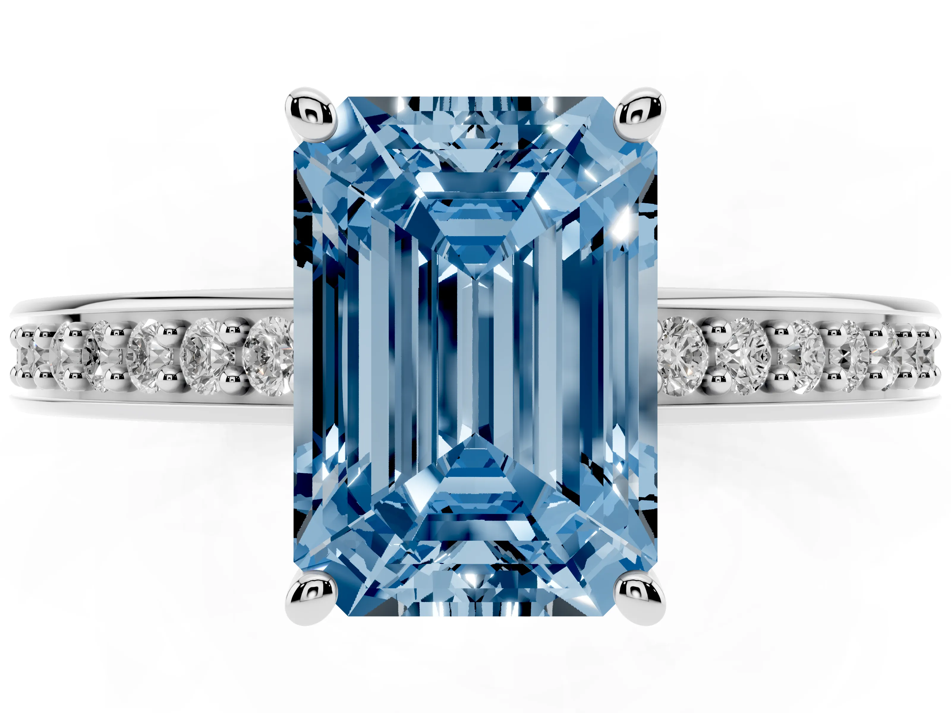 Fancy Blue Emerald Cut Diamond Pavé Band Prong Set Solitaire Ring Set in Platinum