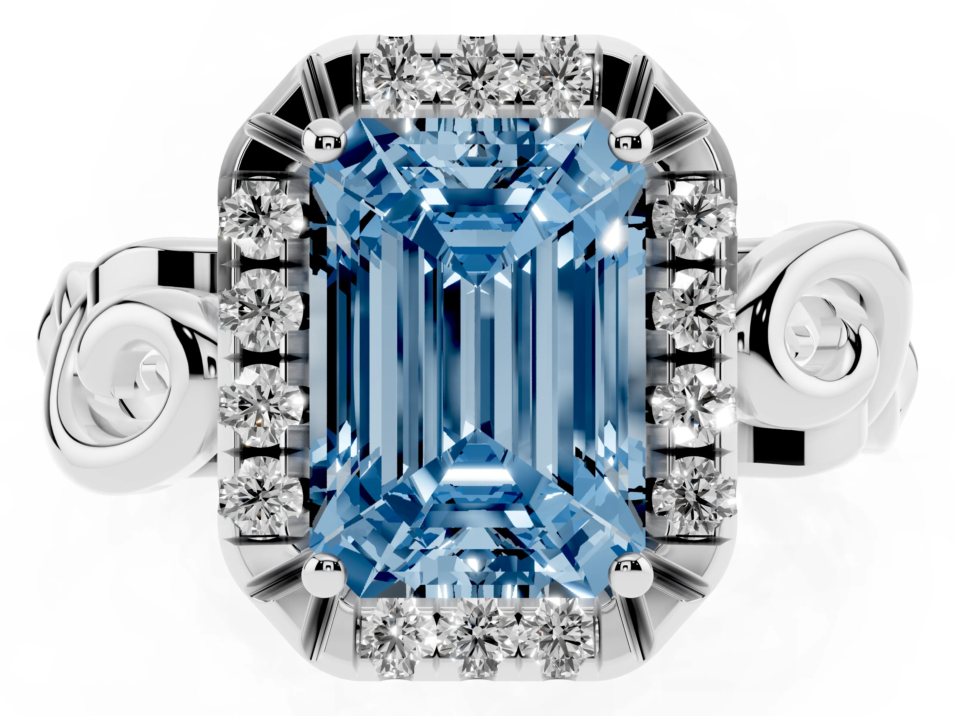 Fancy Blue Emerald Cut Diamond Halo Ring Set in Platinum with Scrollwork Band and Prong Setting