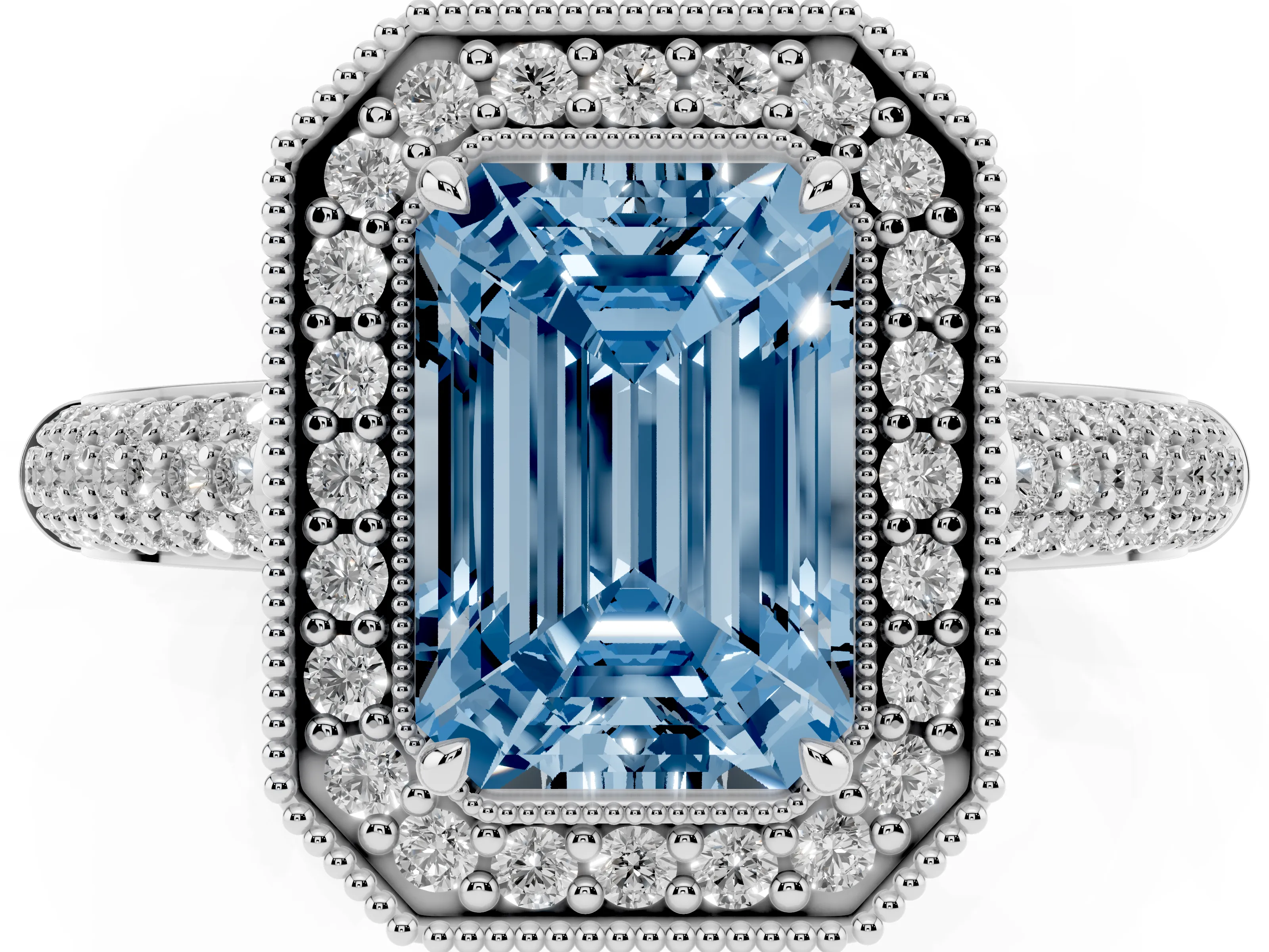 Fancy Blue Emerald Cut Diamond Halo Pavé Band Set in Platinum with Prong Setting