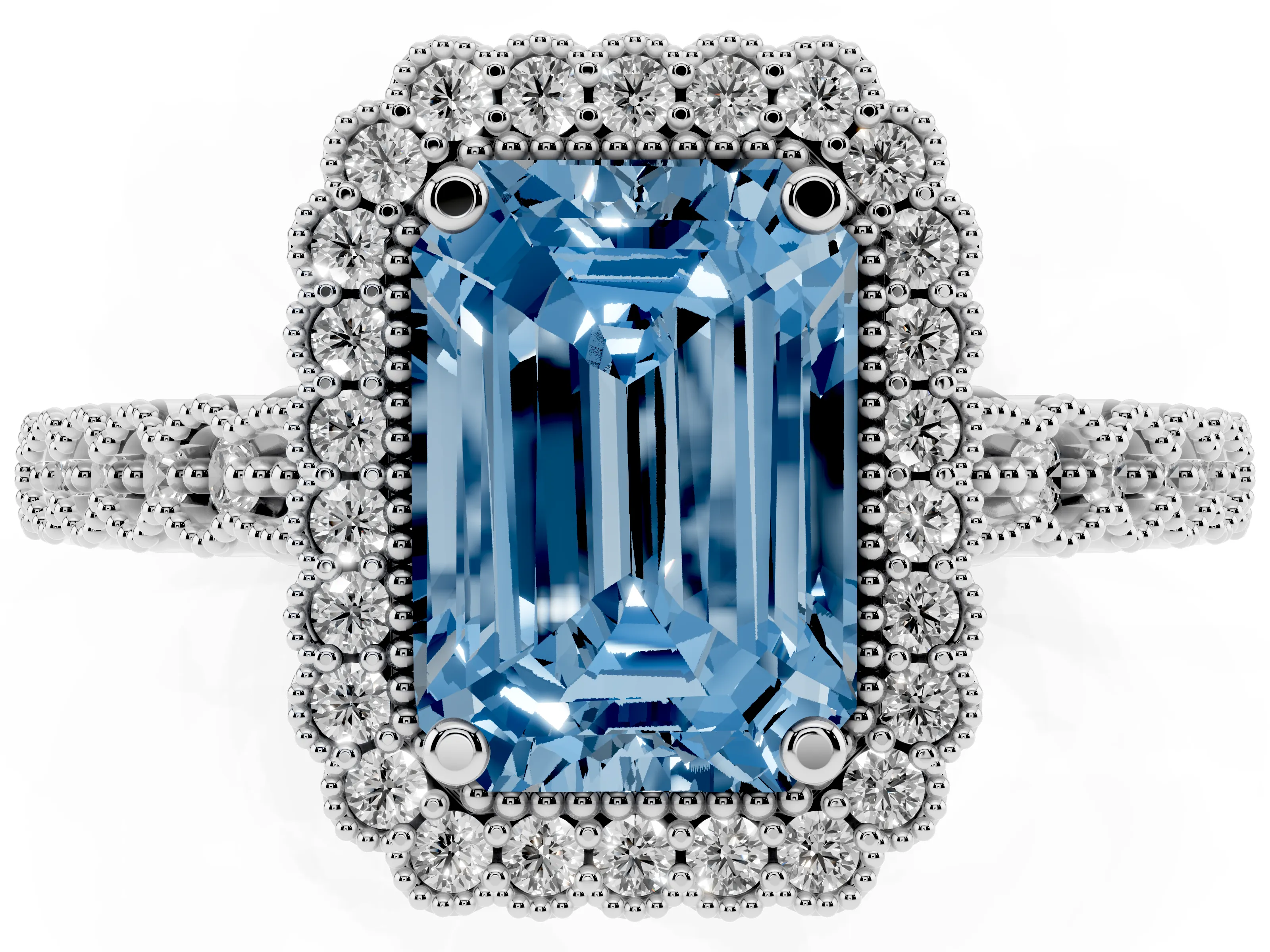 Fancy Blue Emerald Cut Diamond Halo Ring Set in White gold with Pavé Milgrain Band