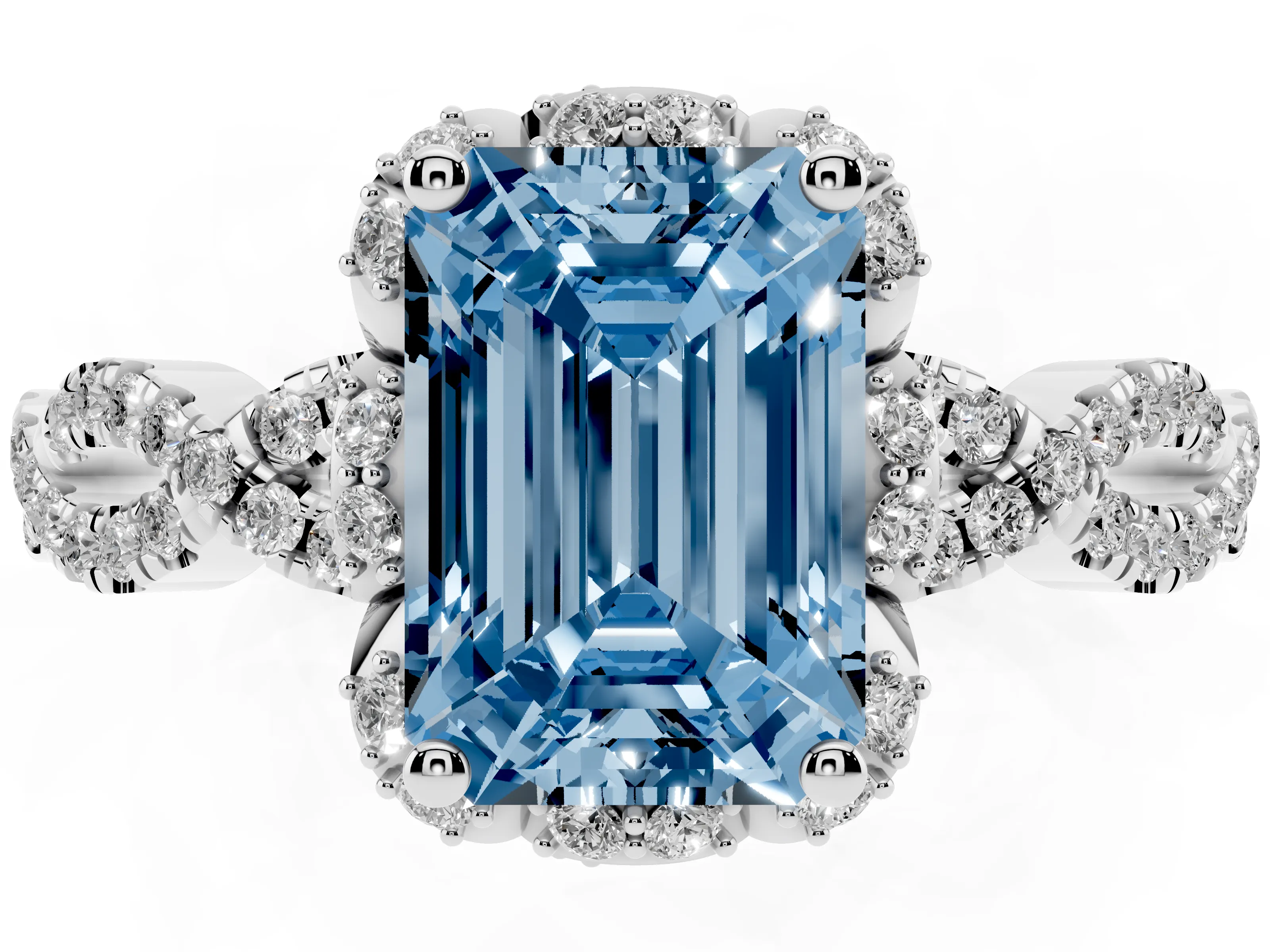 Fancy Blue Emerald Cut Diamond Halo Twist Band Solitaire Ring Set in Platinum with Prong-Set Center Stone