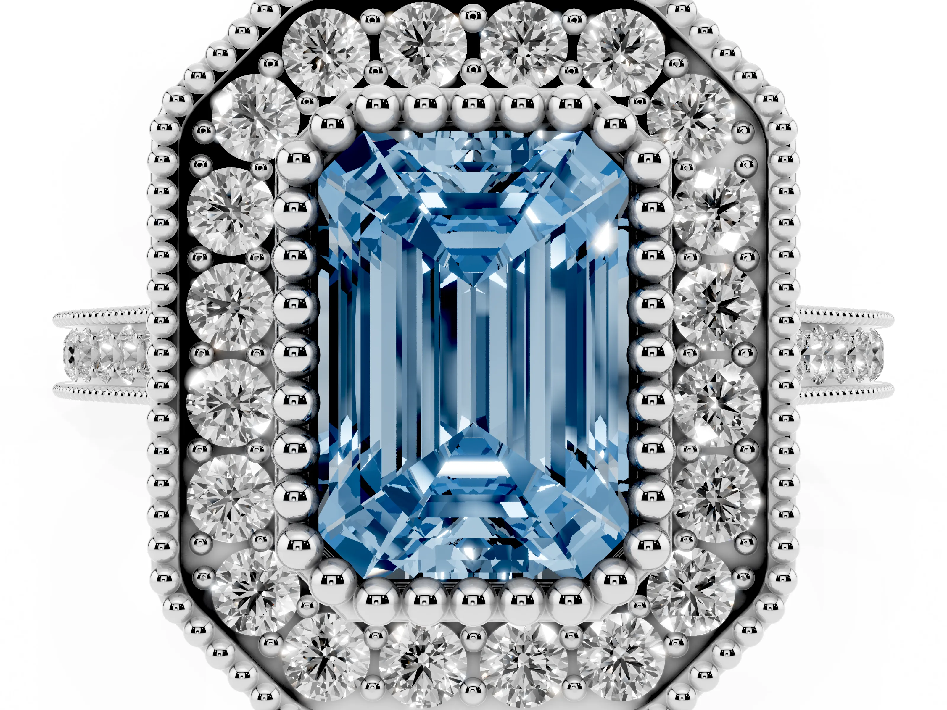 Fancy Blue Emerald Cut Diamond Halo Ring Set in White gold with Milgrain Frame and Pavé Band