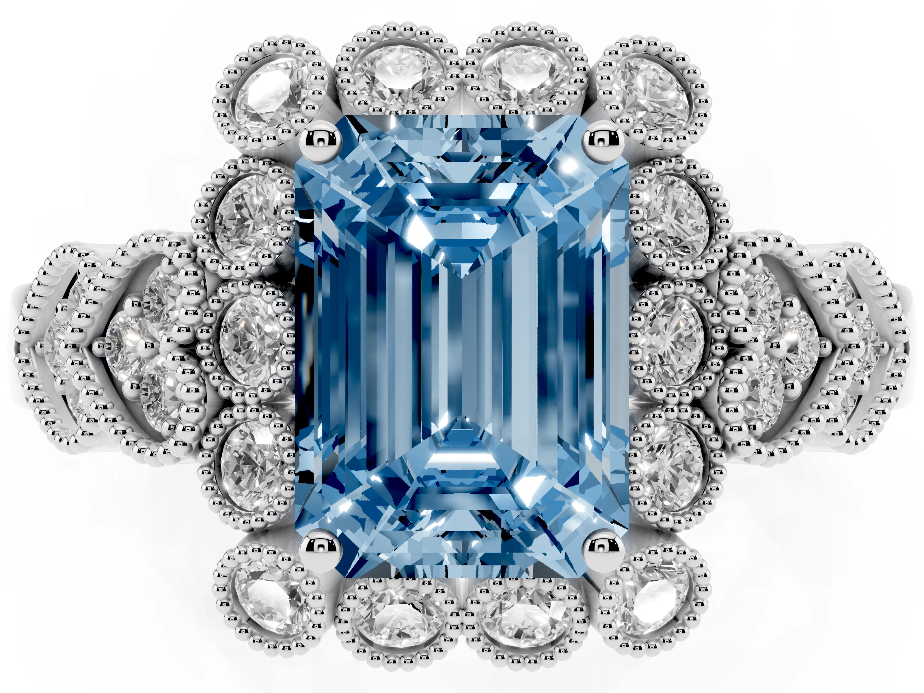 Fancy Blue Emerald Cut Diamond Solitaire Ring Set in Platinum with Milgrain Pavé Heart Band