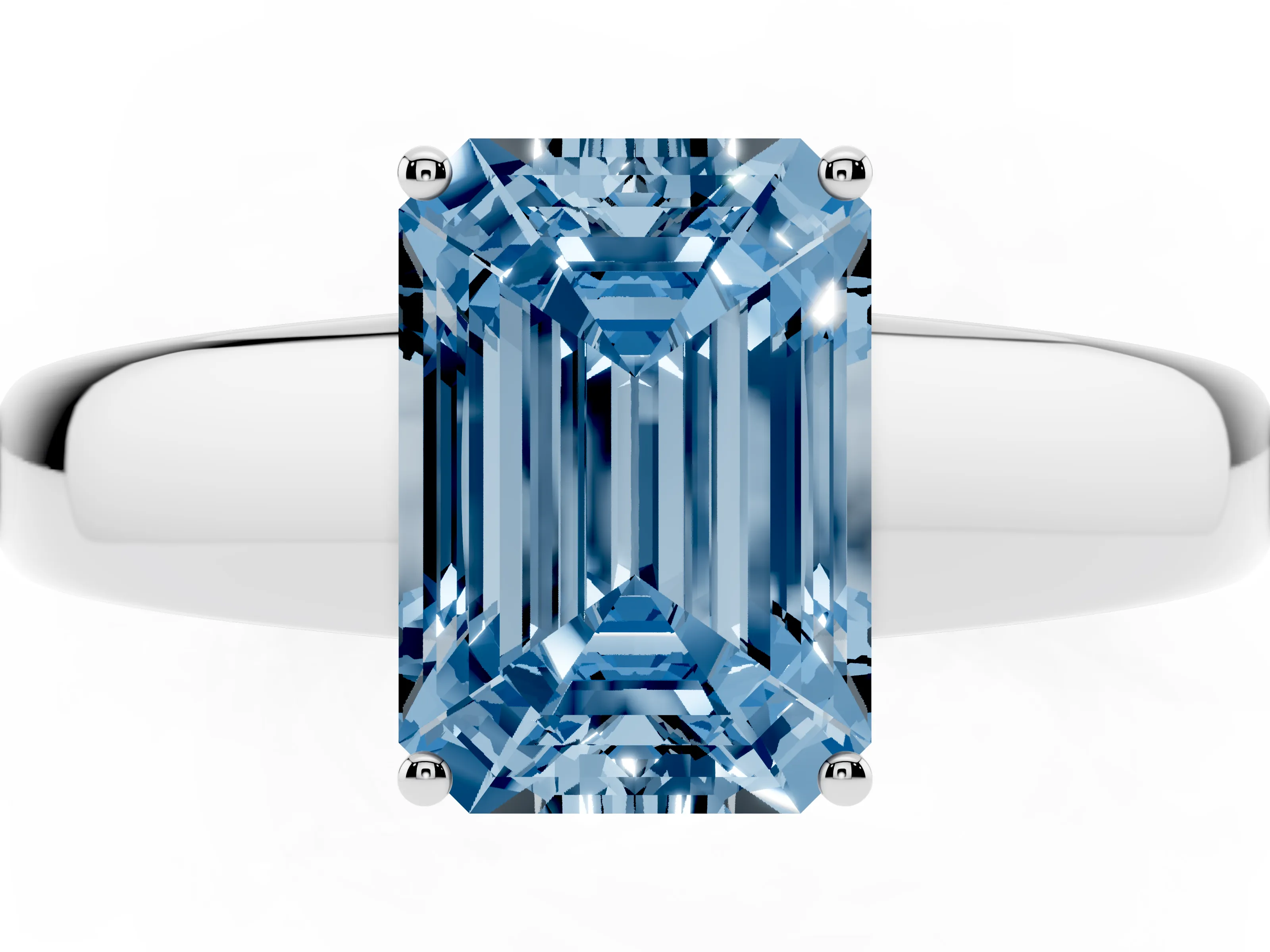 Fancy Blue Emerald Cut Diamond Solitaire Ring Set in White gold with Tapered Band and Prong Setting
