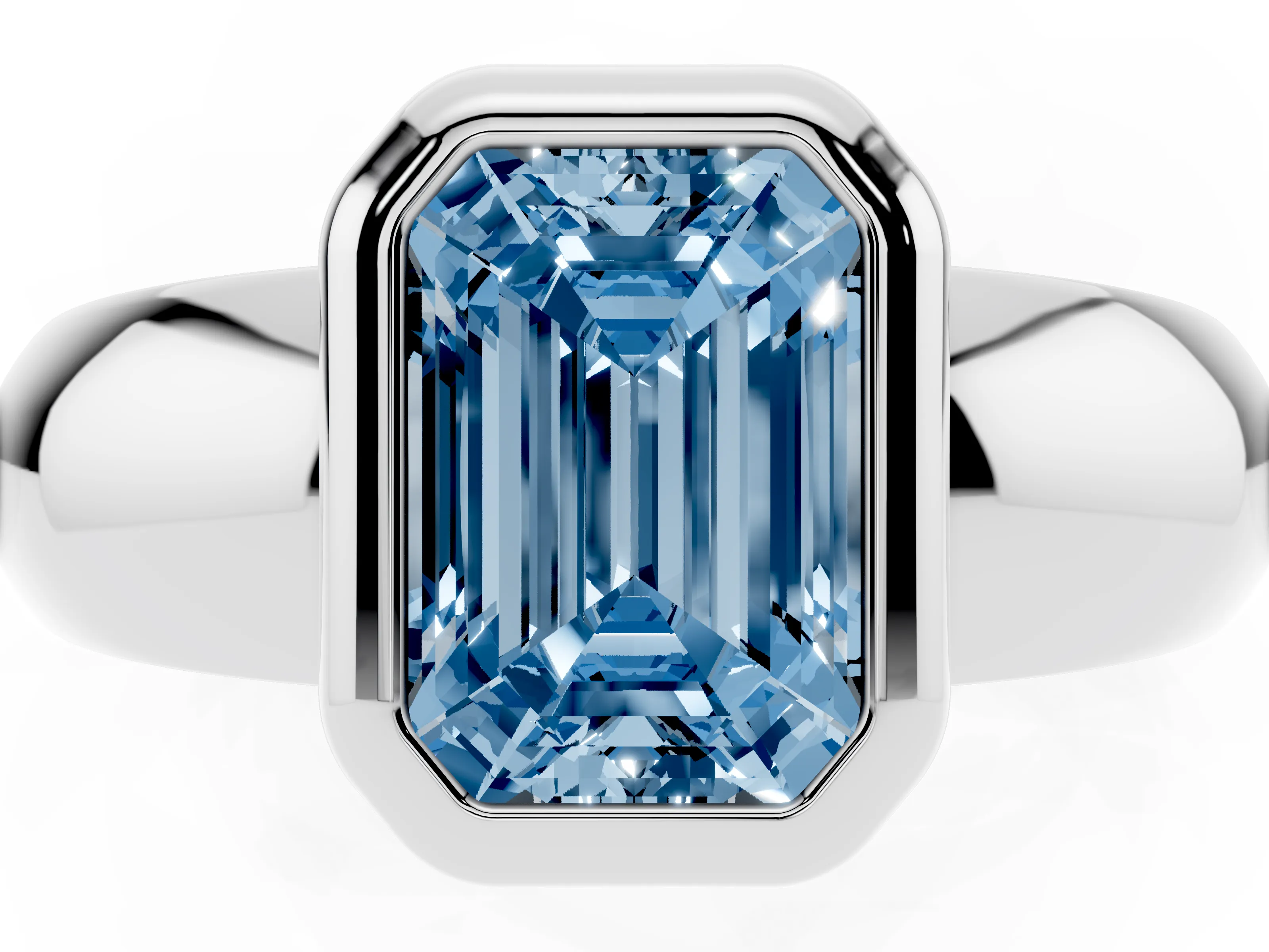 Fancy Blue Bezel Set Emerald Cut Diamond Solitaire Ring Set in White gold with Wide Band