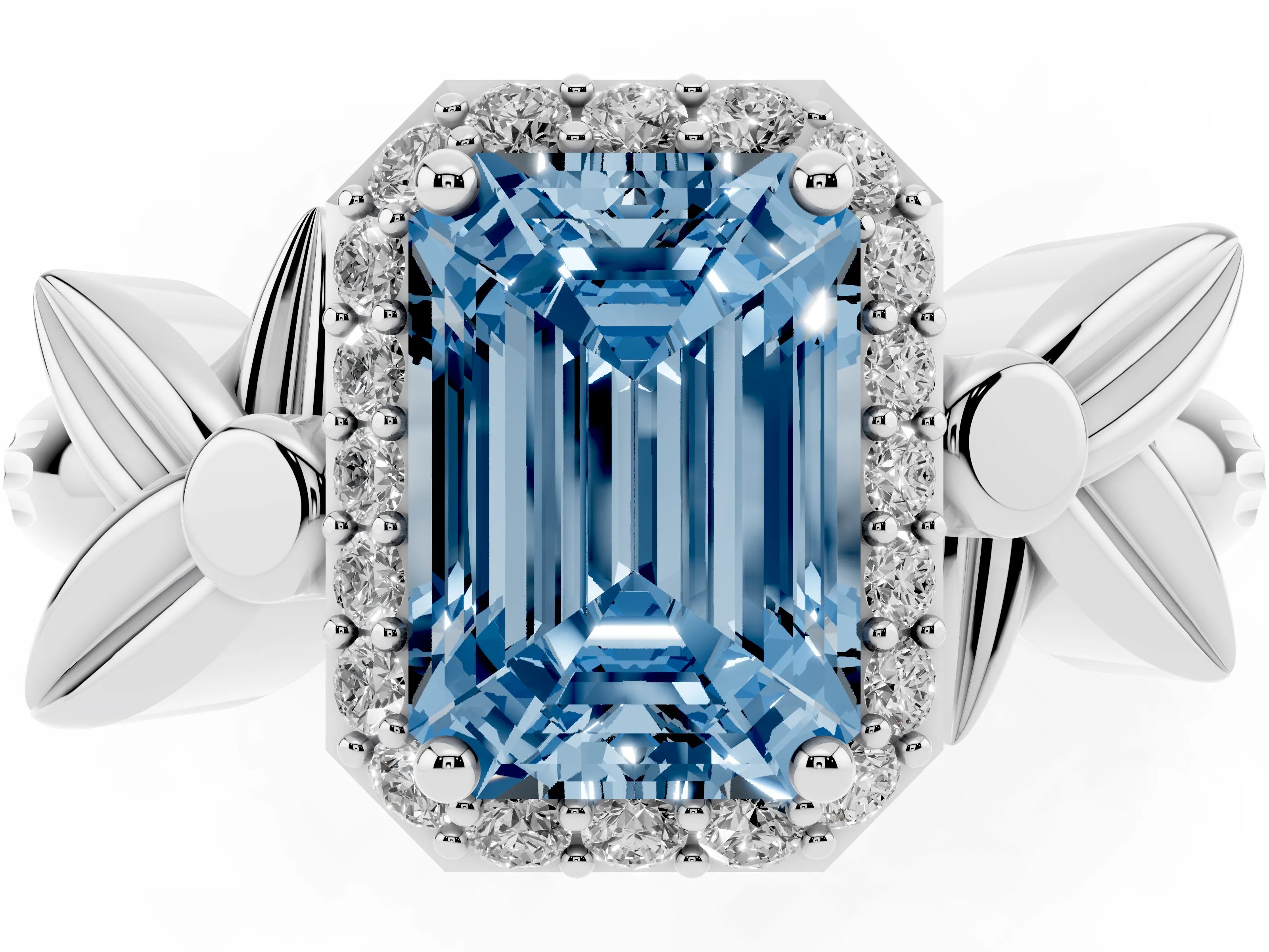 Fancy Blue Emerald Cut Diamond Halo Floral Band Ring Set in White gold with Prong Setting