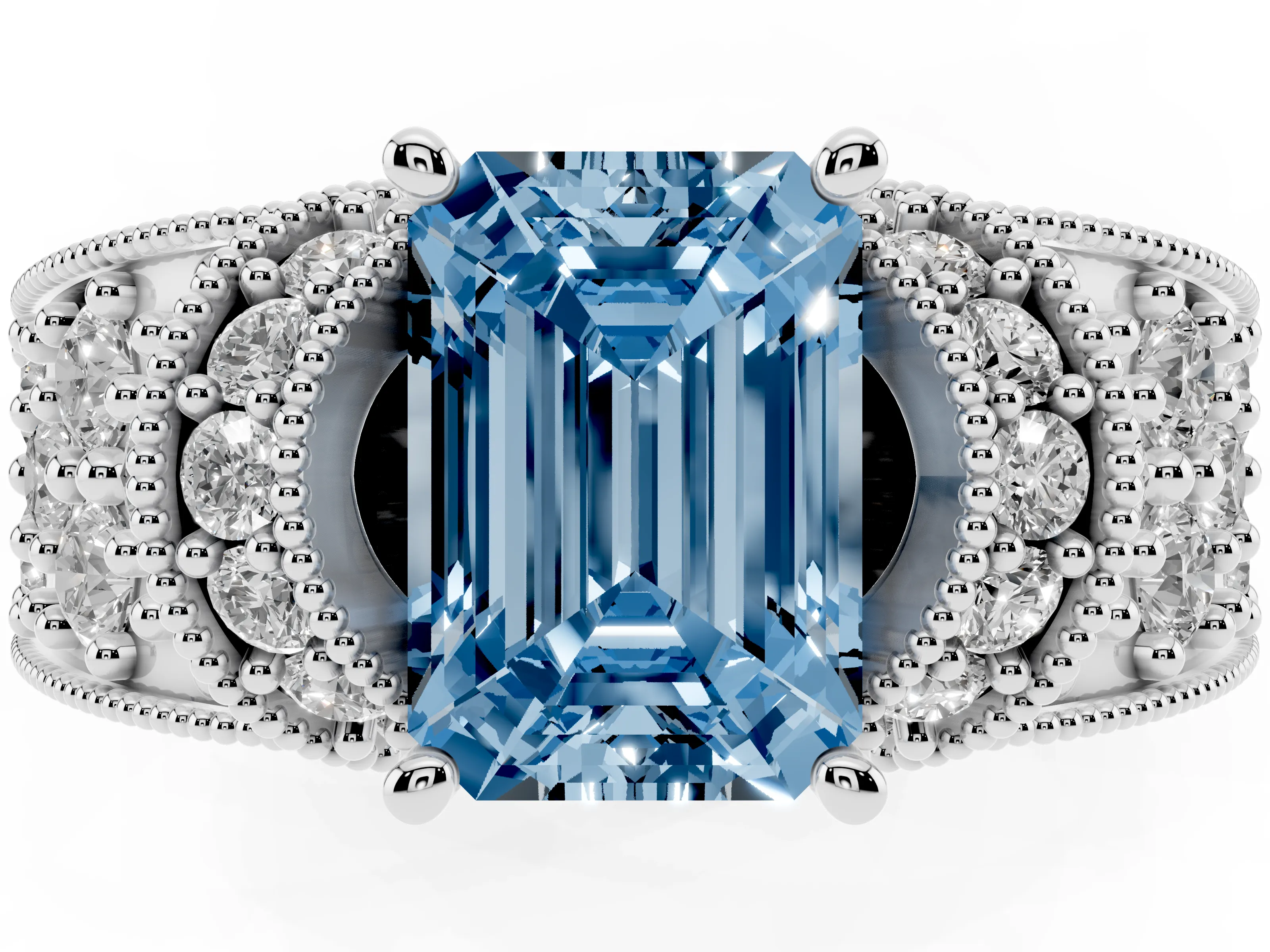 Fancy Blue Emerald Cut Diamond Milgrain Halo Pavé Engagement Ring Set in Silver with Prong Setting