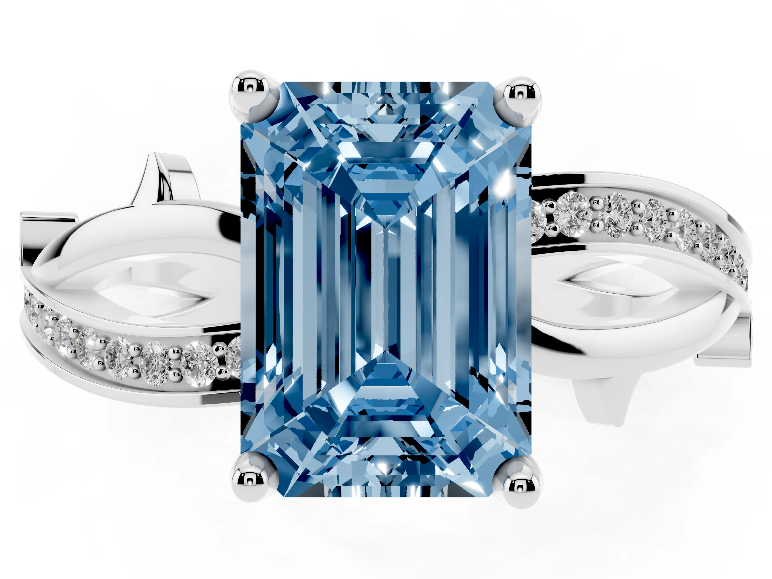 Fancy Blue Emerald Cut Diamond Pavé Twist Band Solitaire Ring Set in Silver with Prong Setting