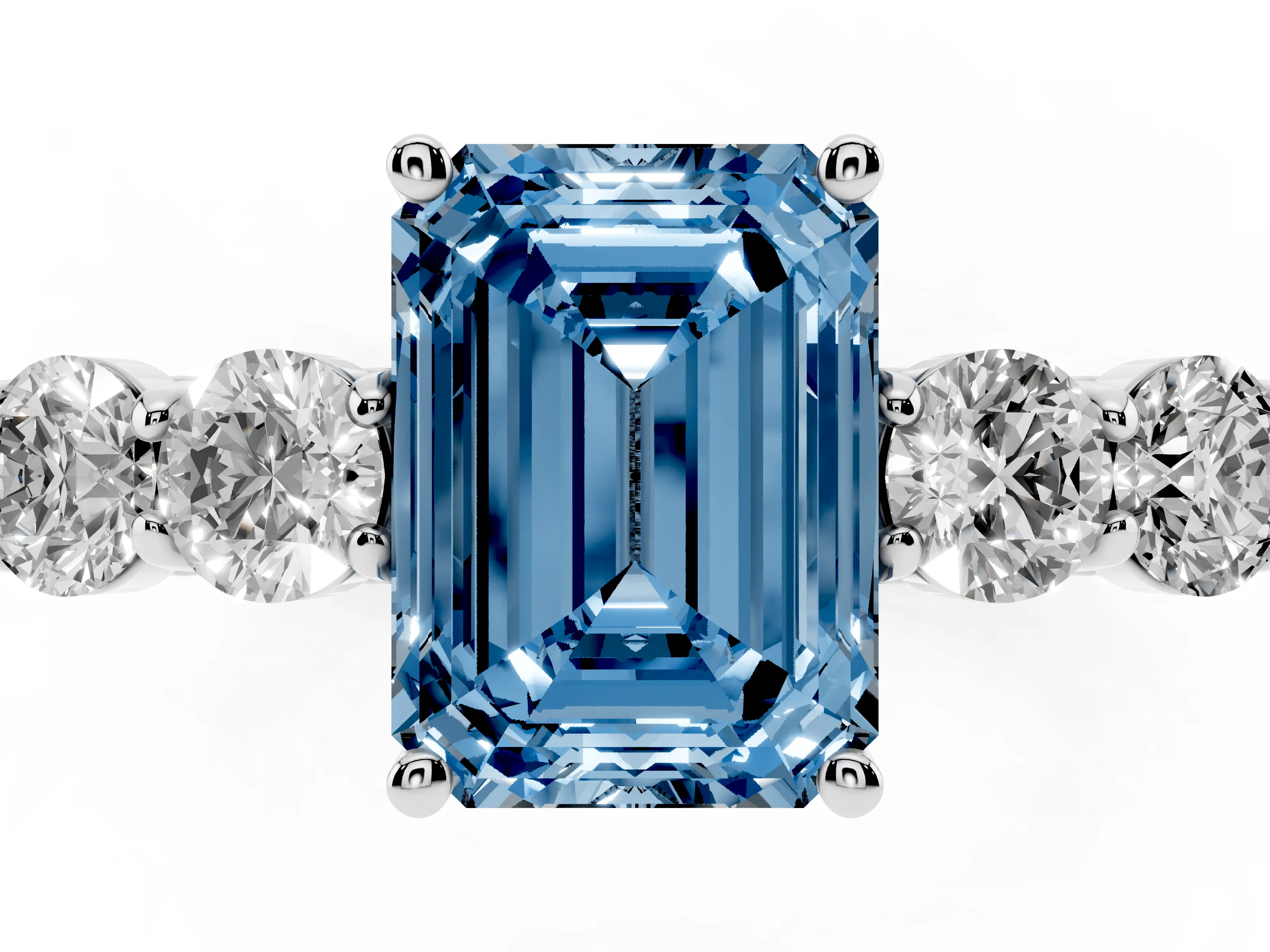 Fancy Blue Emerald Cut Diamond Five-Stone Prong Set Band Ring Set in Platinum with Polished Band