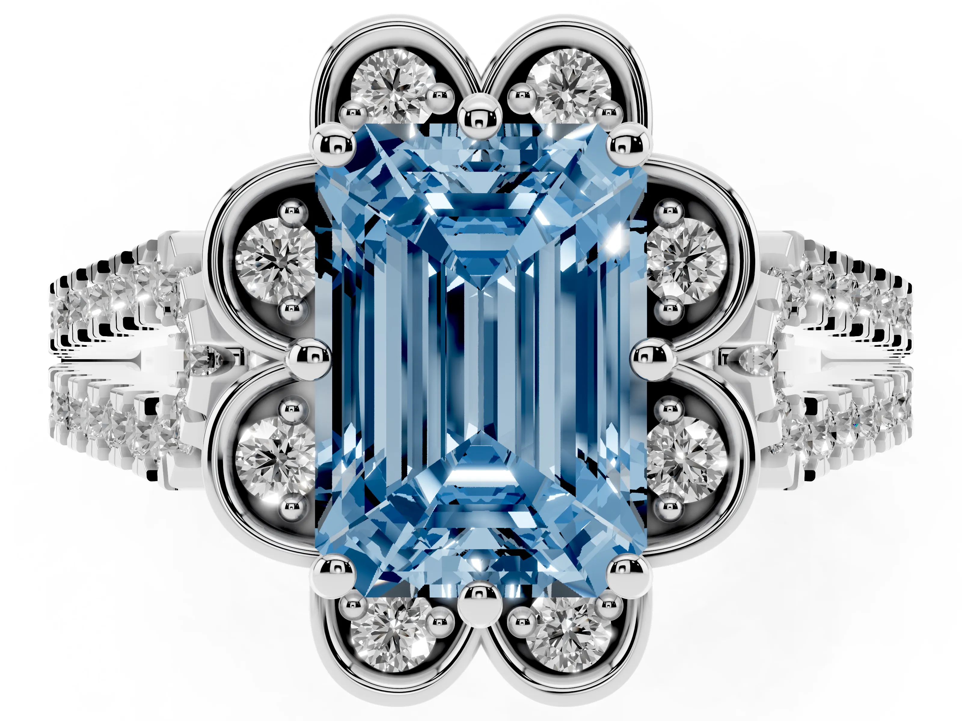 Fancy Blue Emerald Cut Diamond Floral Halo Split Shank Engagement Ring Set in Platinum with Pavé Shank