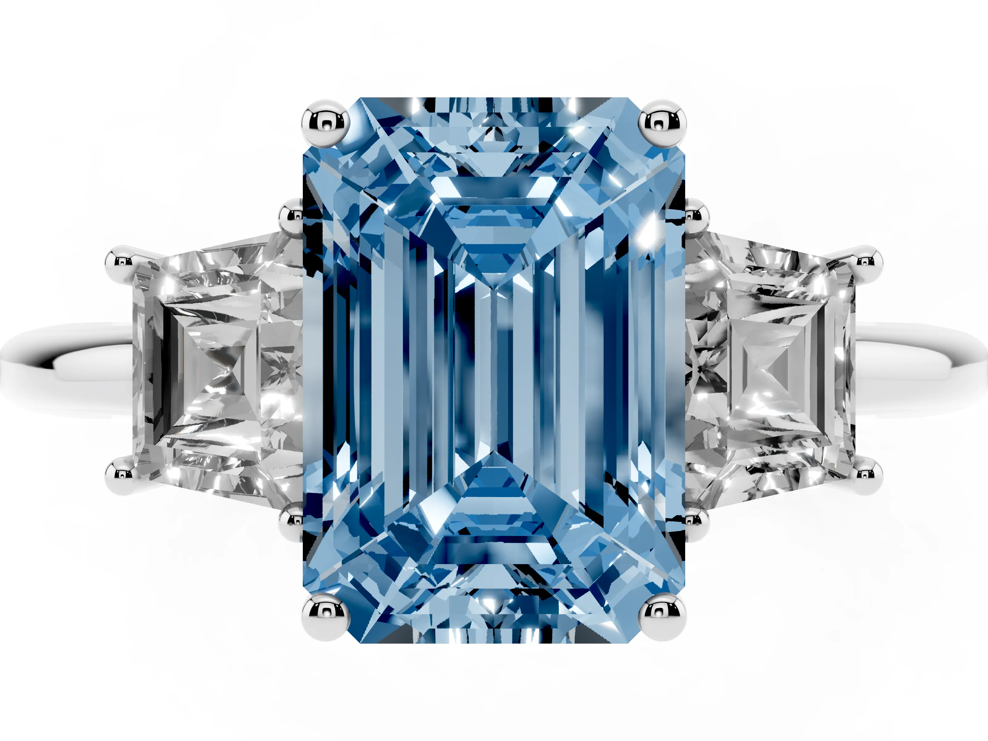 Fancy Blue Emerald Cut Diamond Three-Stone Ring Set in Silver with Trapezoid Side Stones and Prong Setting
