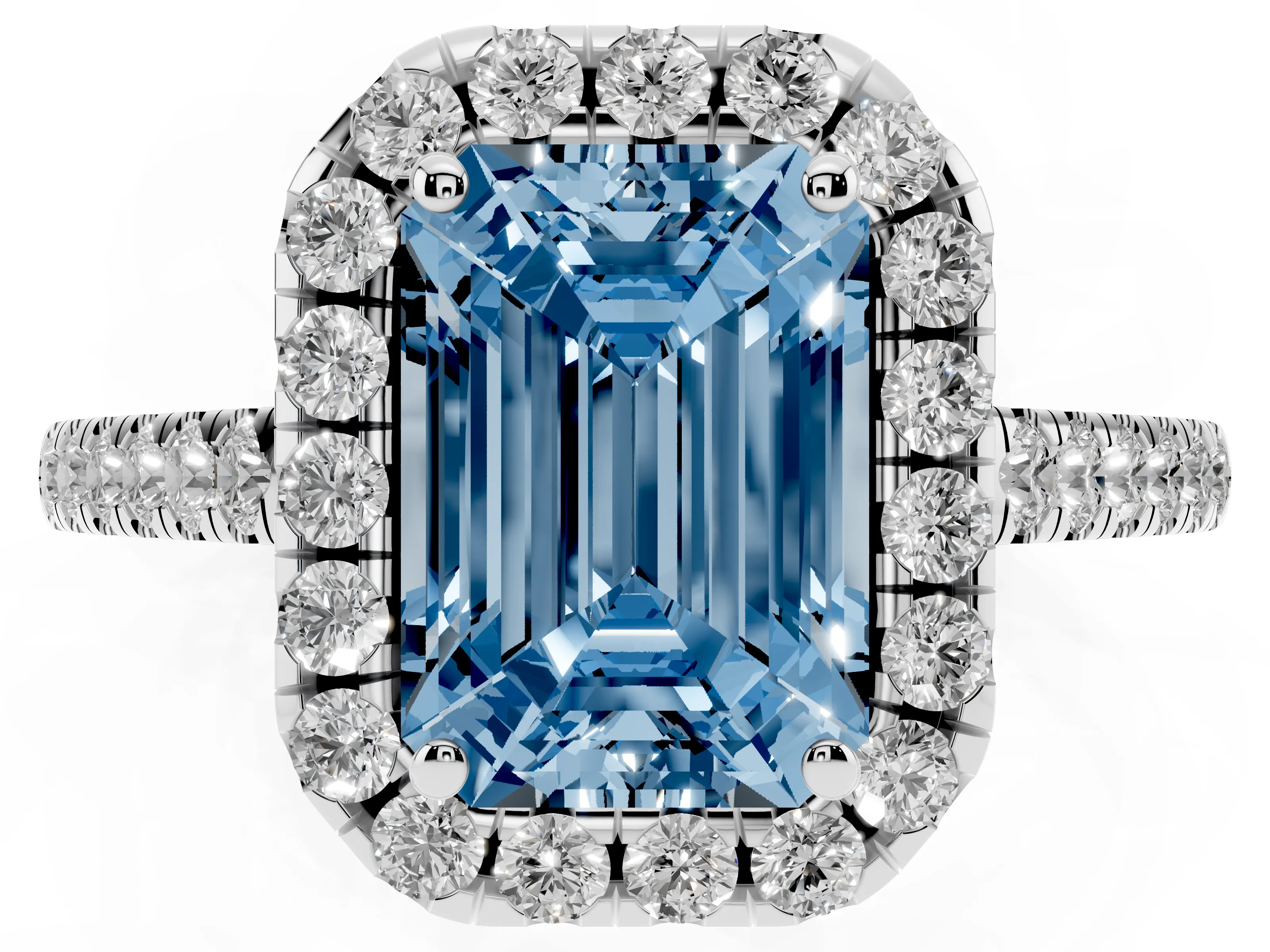Fancy Blue Emerald Cut Diamond Halo Pavé Engagement Ring Set in Platinum with Prong Setting