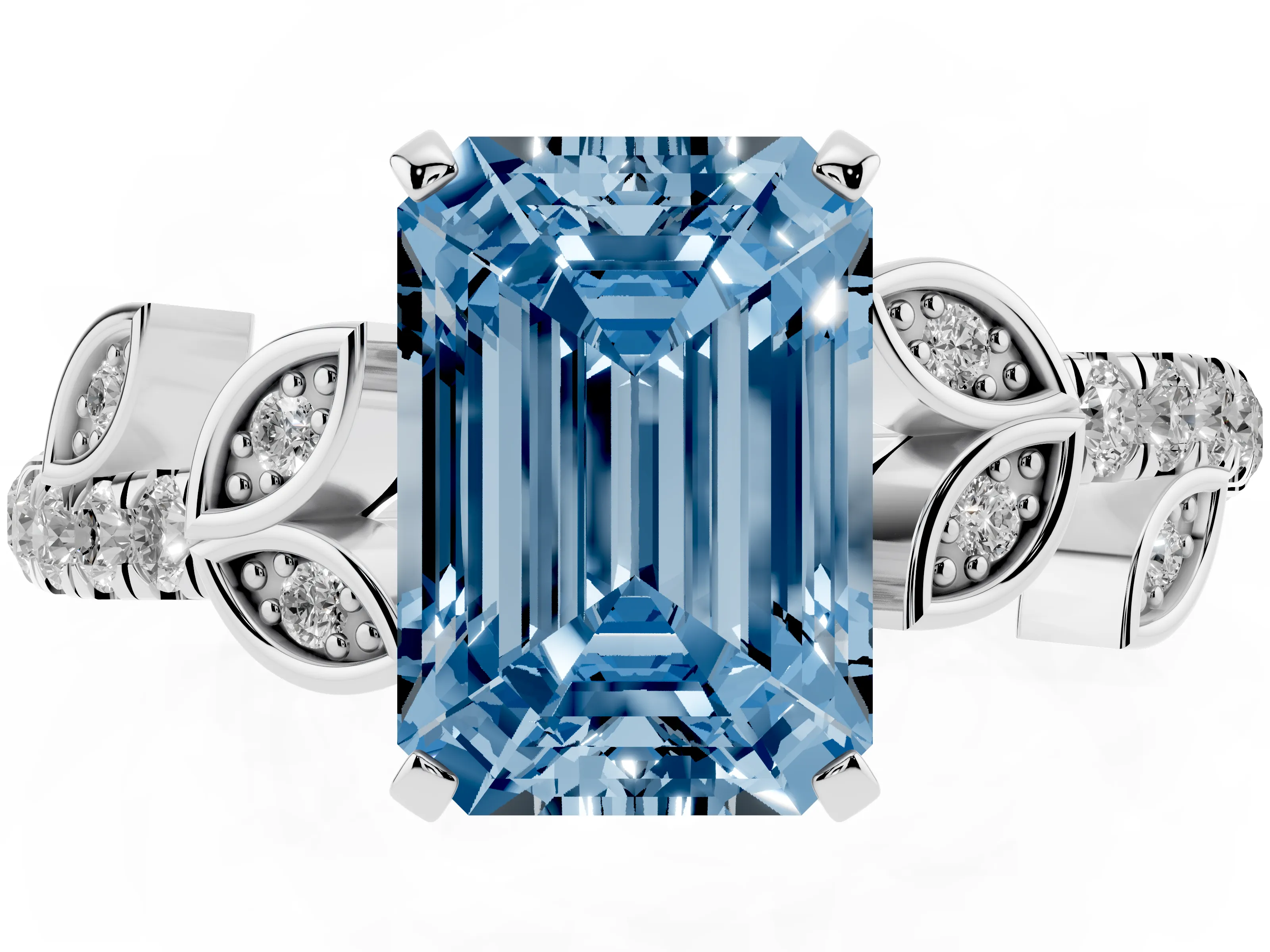 Fancy Blue Emerald Cut Diamond Solitaire Leaf-Inspired Ring Set in Silver with Pavé Band and Prong Setting