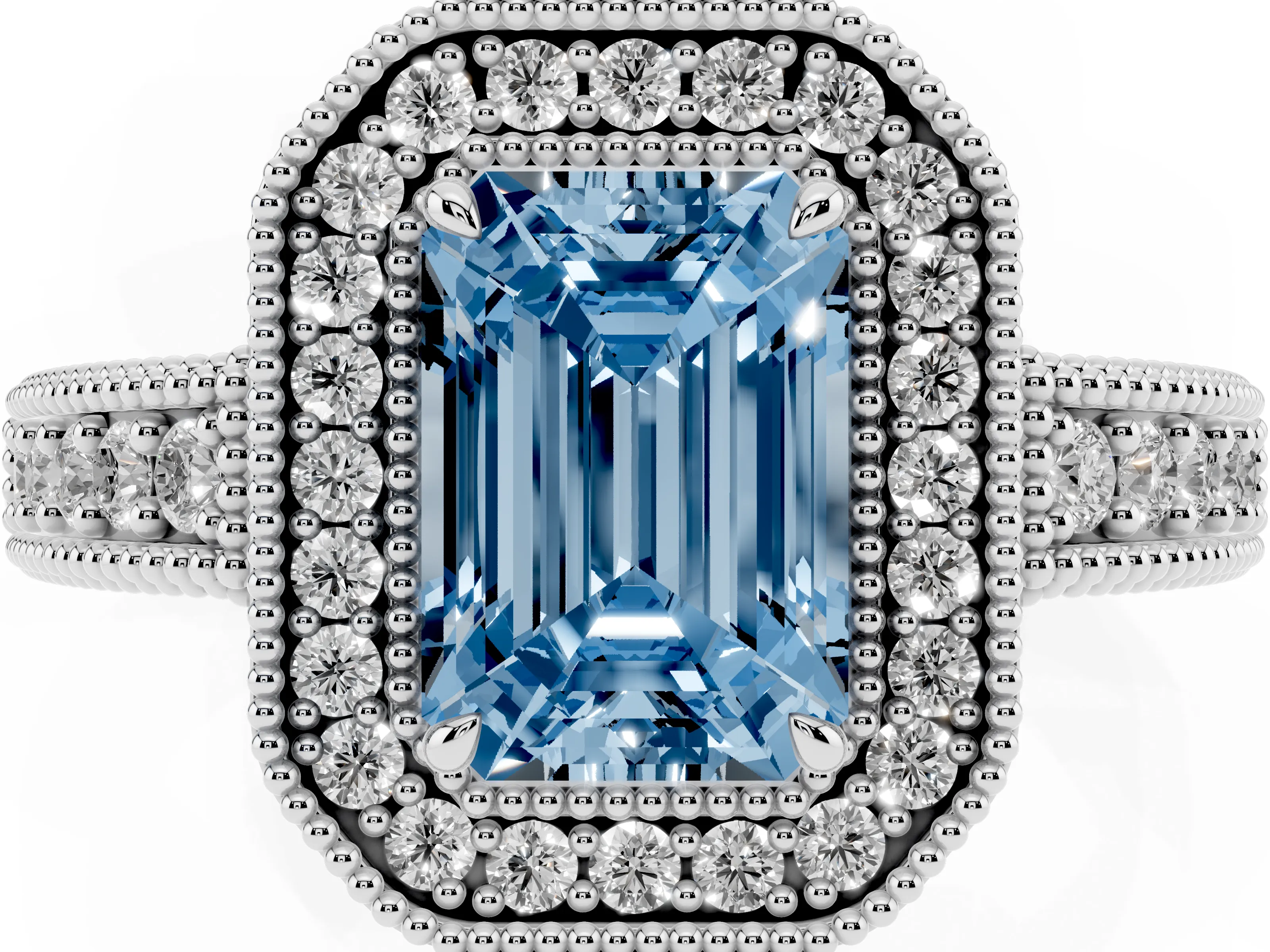 Fancy Blue Emerald Cut Diamond Halo Ring Set in White gold with Round Accent Halo, Pavé Band and Prong Setting