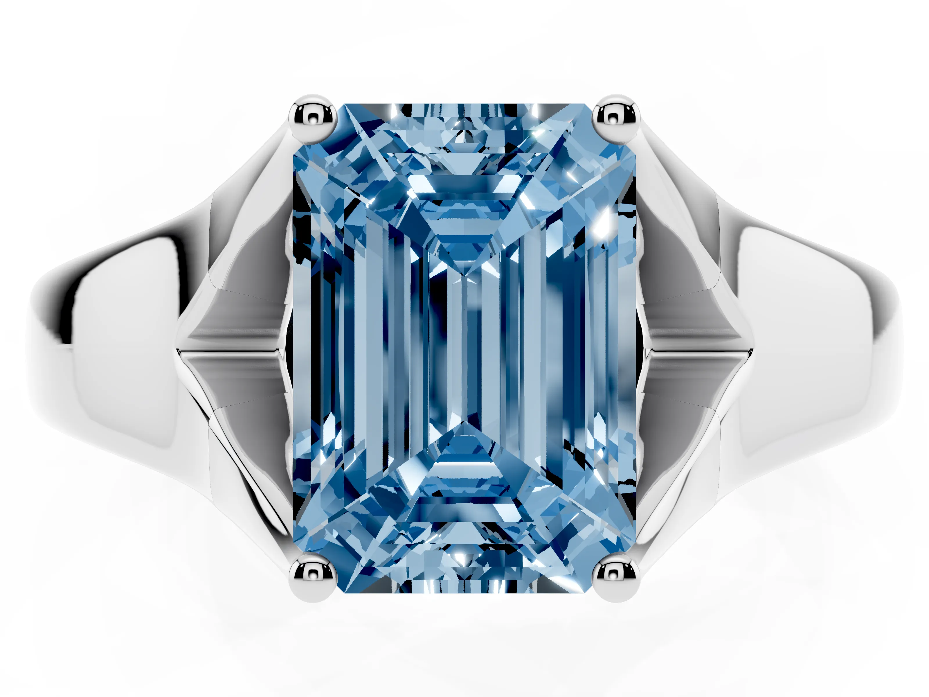 Fancy Blue Emerald Cut Diamond Solitaire Ring Set in Platinum with Arched Cathedral Band and Prong Setting
