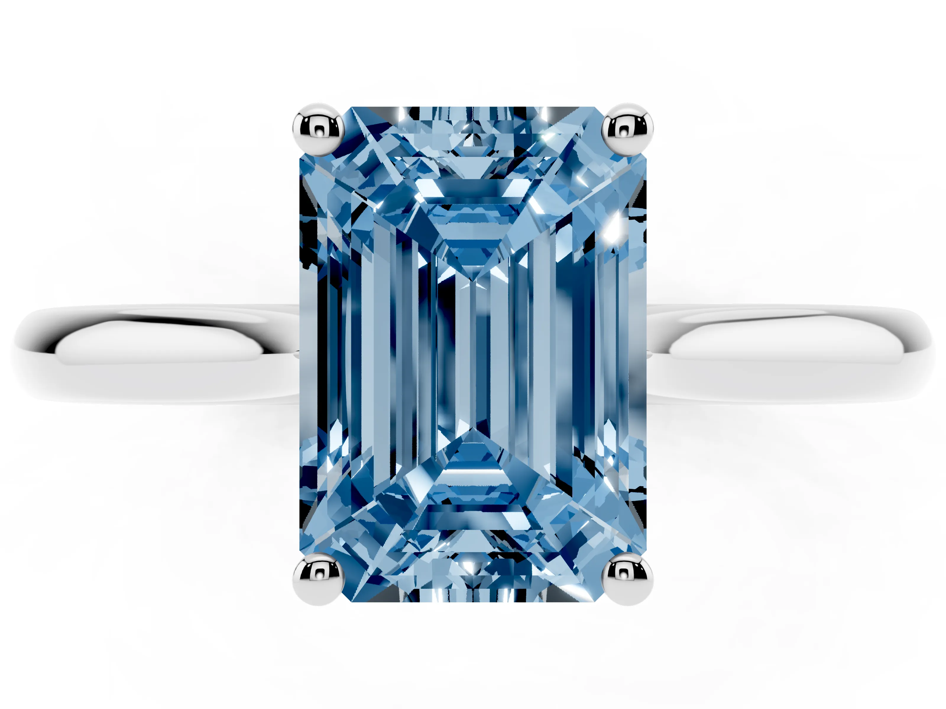 Fancy Blue Emerald Cut Diamond Solitaire Ring Set in White gold with Cathedral Band and Prong Setting