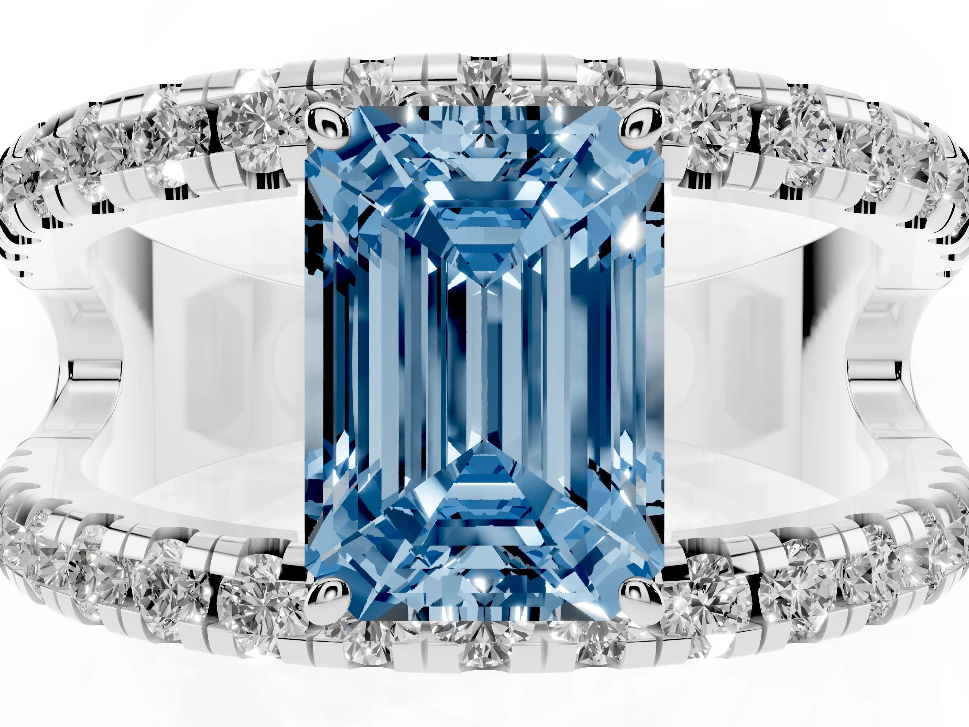 Fancy Blue Emerald Cut Diamond Split Shank Pavé Solitaire Ring Set in Silver with Open Shank Design