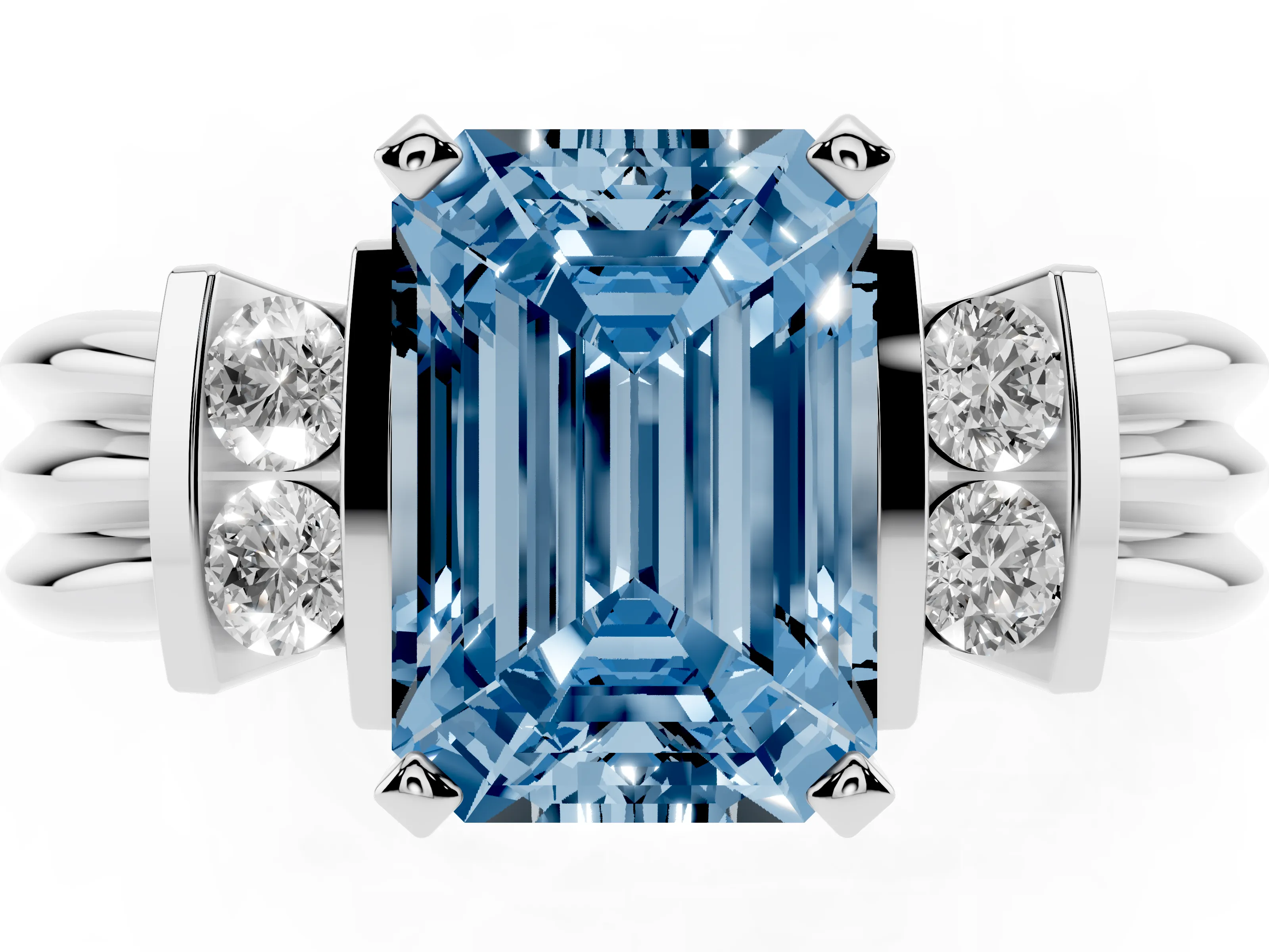 Fancy Blue Three-Stone Emerald Cut Diamond Channel Set Ring Set in Silver with Bar Prongs
