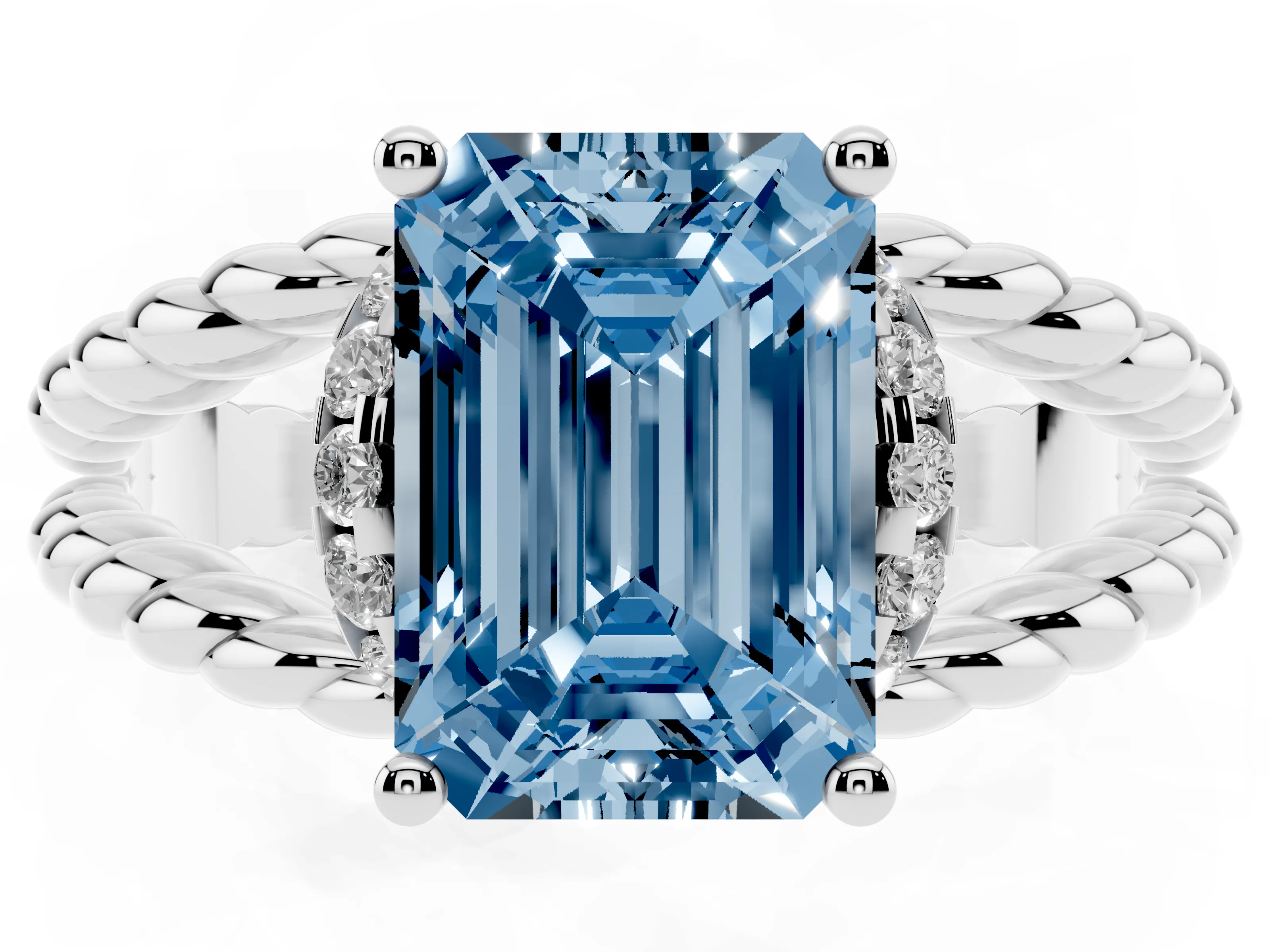 Fancy Blue Emerald Cut Diamond Halo Ring Set in Platinum with Twisted Band and Prong Setting