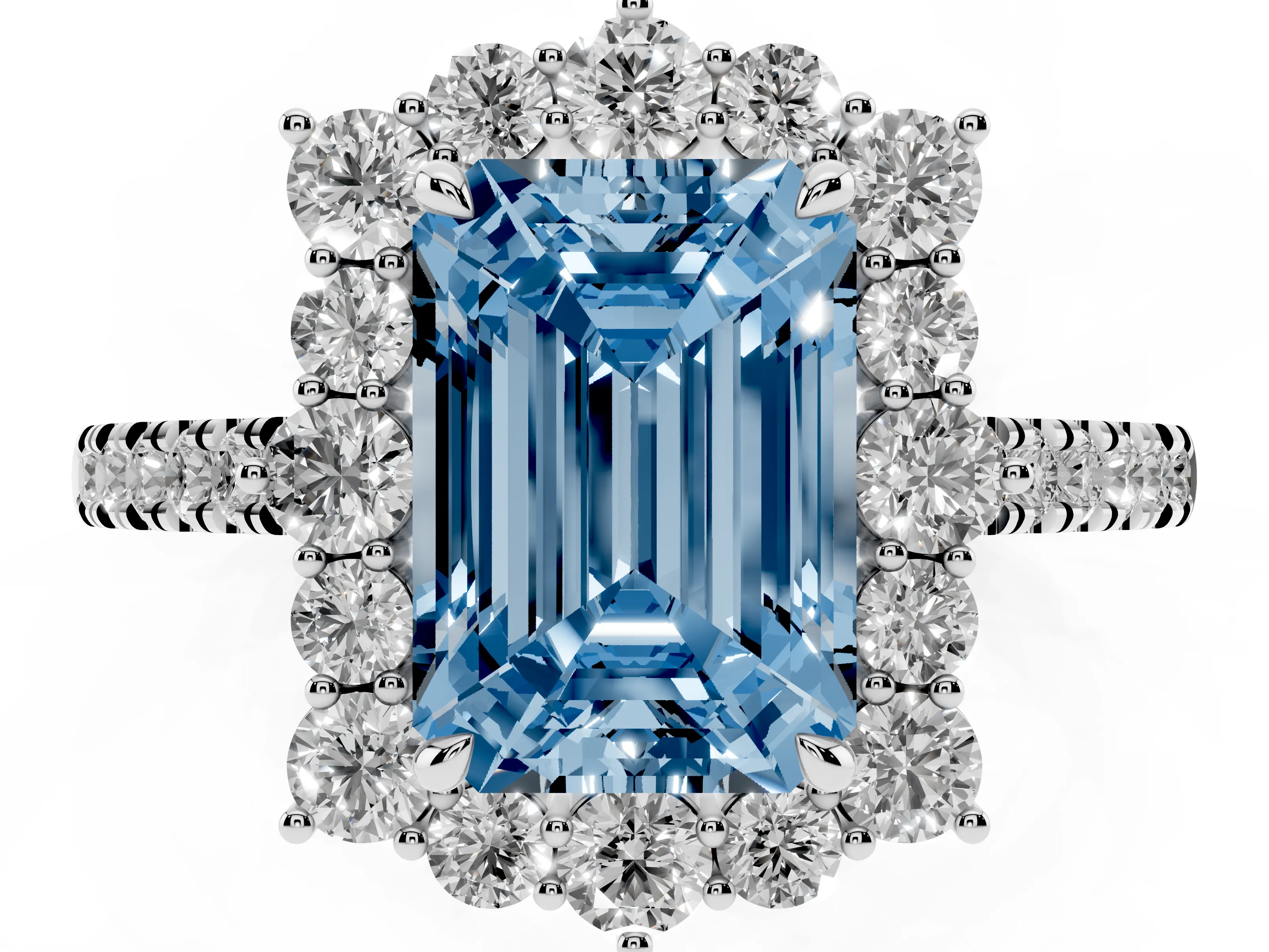 Fancy Blue Emerald Cut Diamond Halo Ring Set in Silver with Pavé Band and Prong Setting