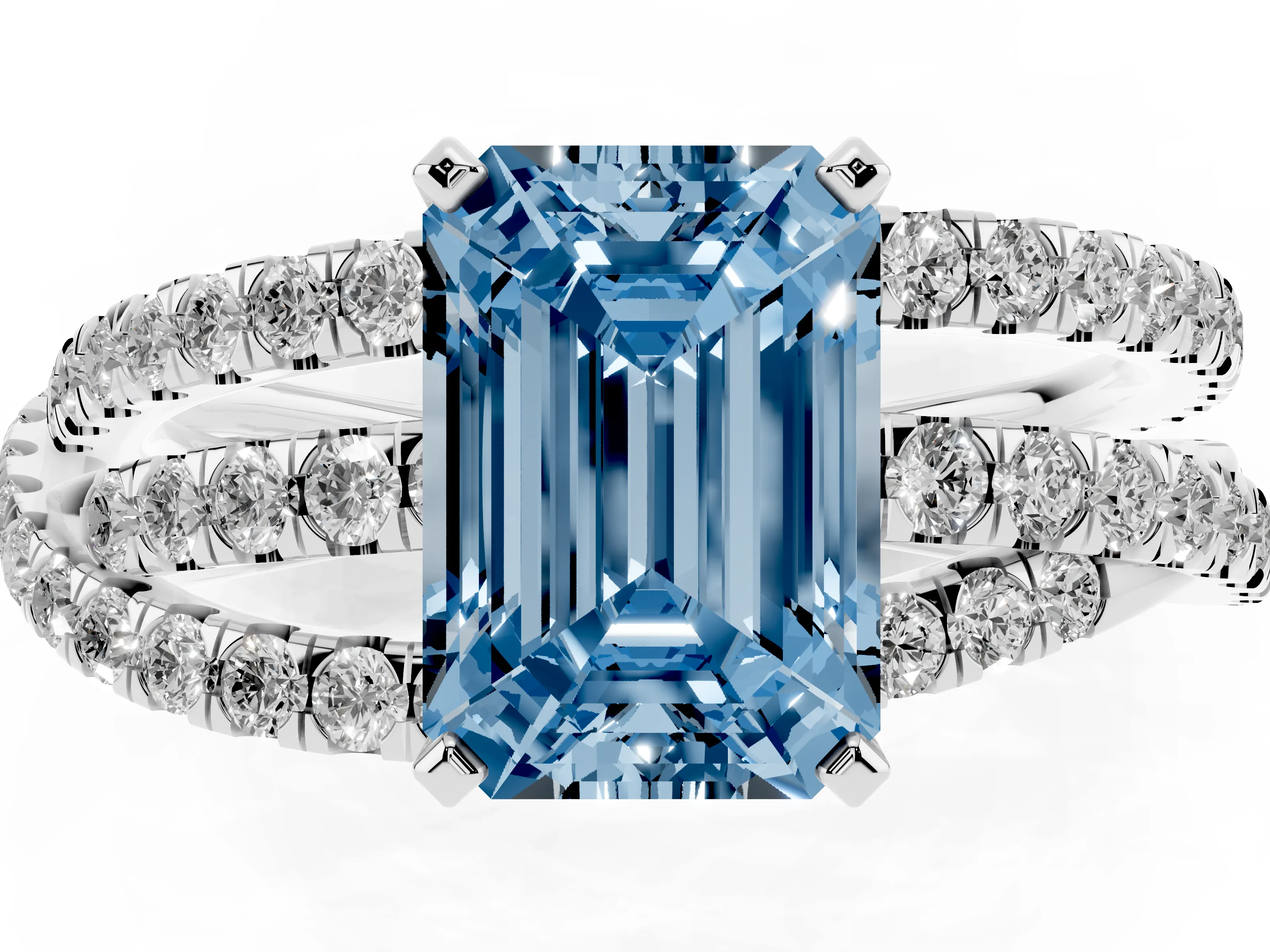 Fancy Blue Emerald Cut Diamond Solitaire Twist Band Ring Set in White gold with Pavé Setting and Prong Head