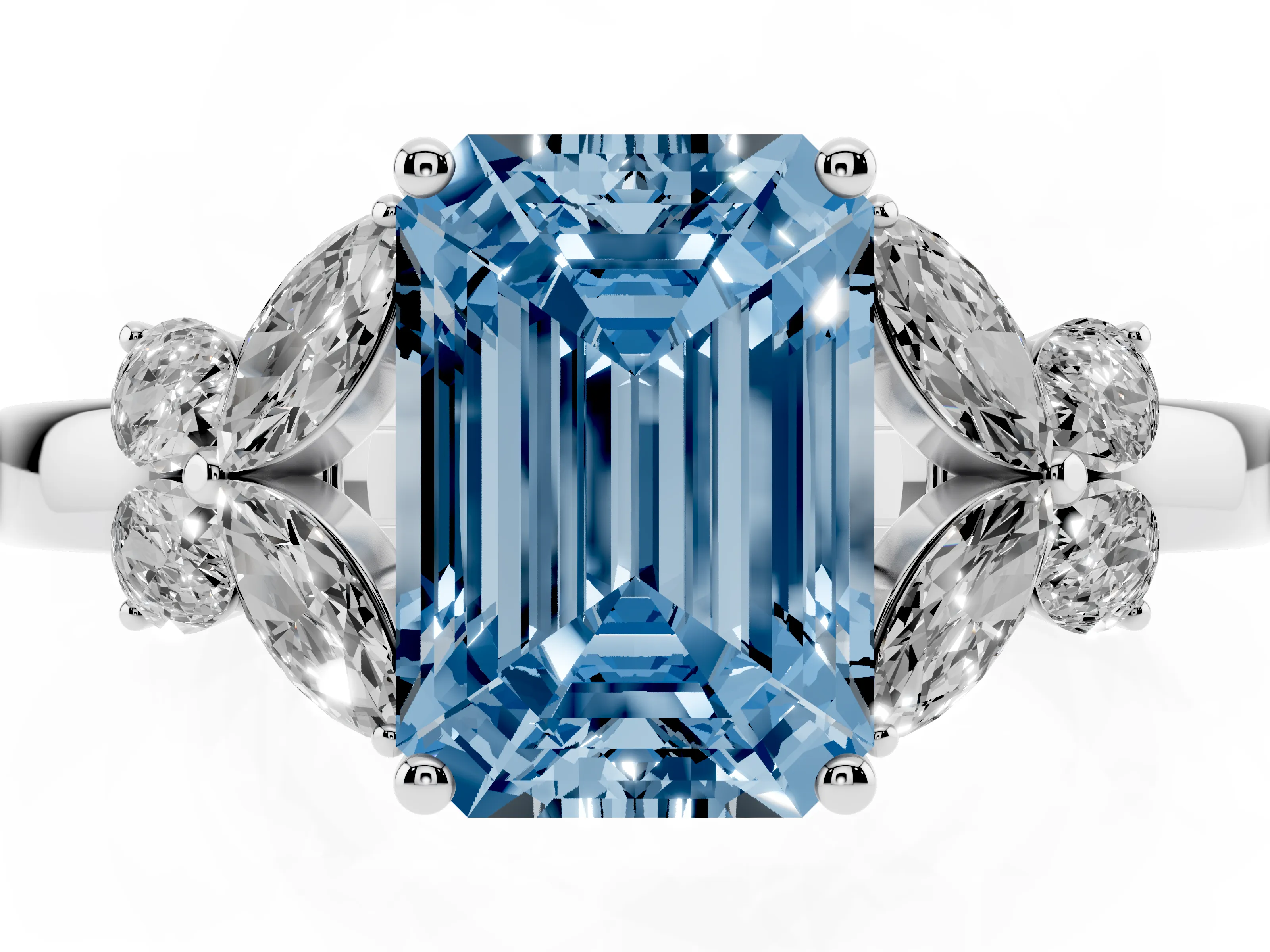 Fancy Blue Emerald Cut Diamond Solitaire Floral Ring Set in Silver with Marquise Petals and Prong Setting