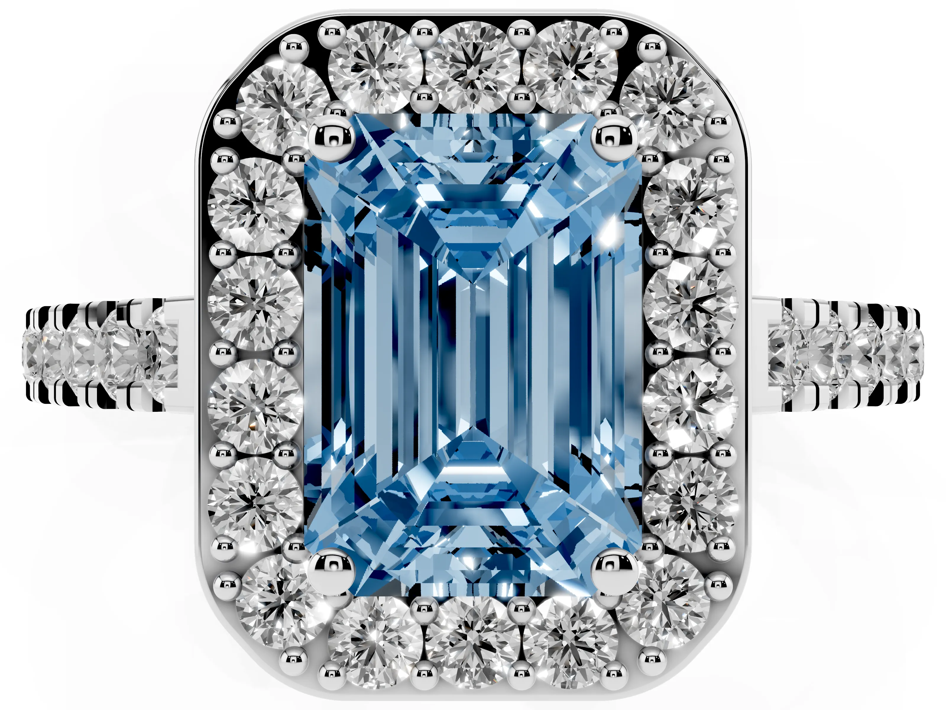Fancy Blue Emerald Cut Diamond Halo Ring Set in Silver with Round Pavé Split Shank and Prong Setting