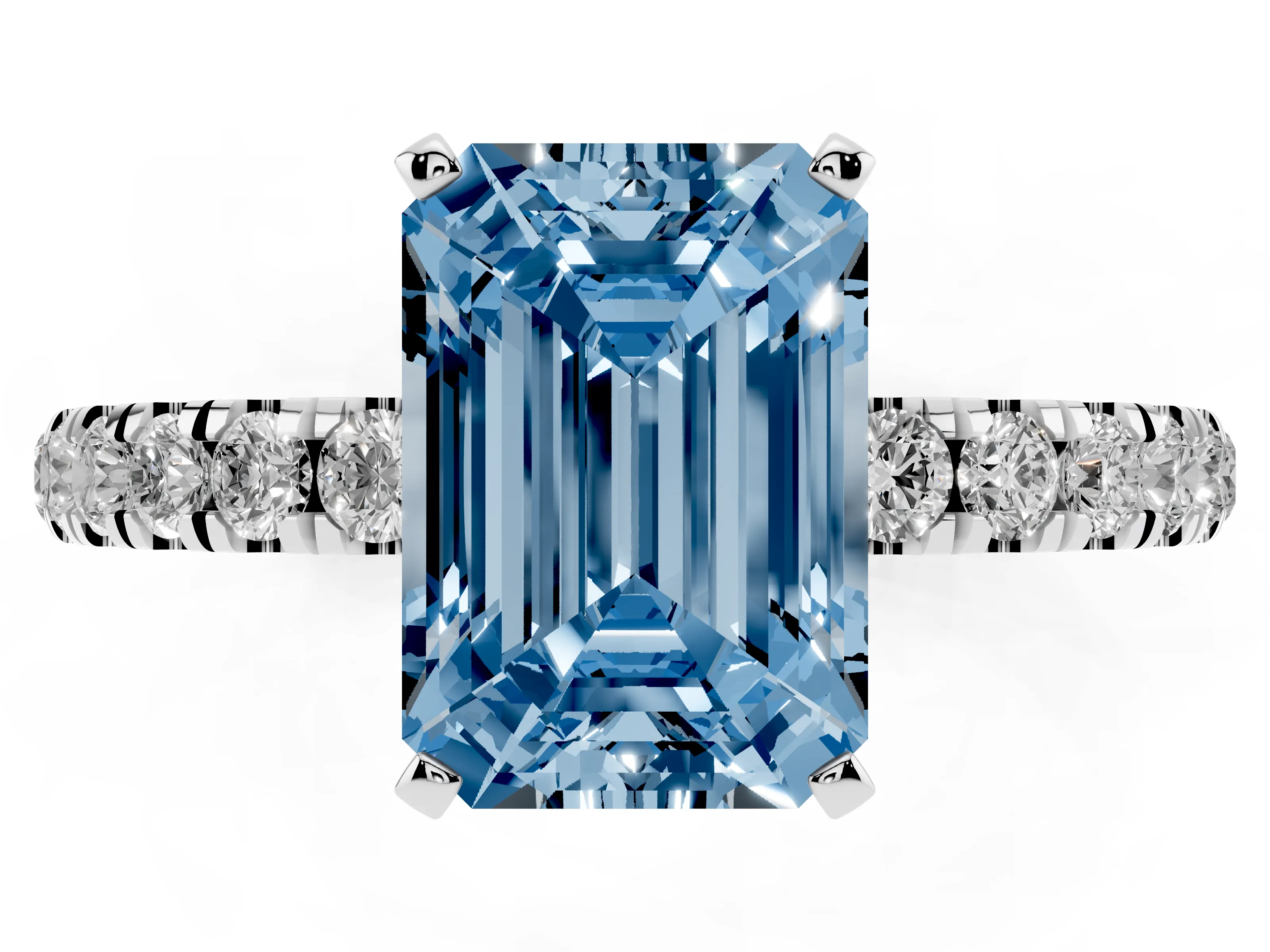 Fancy Blue Emerald Cut Diamond Solitaire Ring Set in Platinum with Pavé Accents and Prong Setting