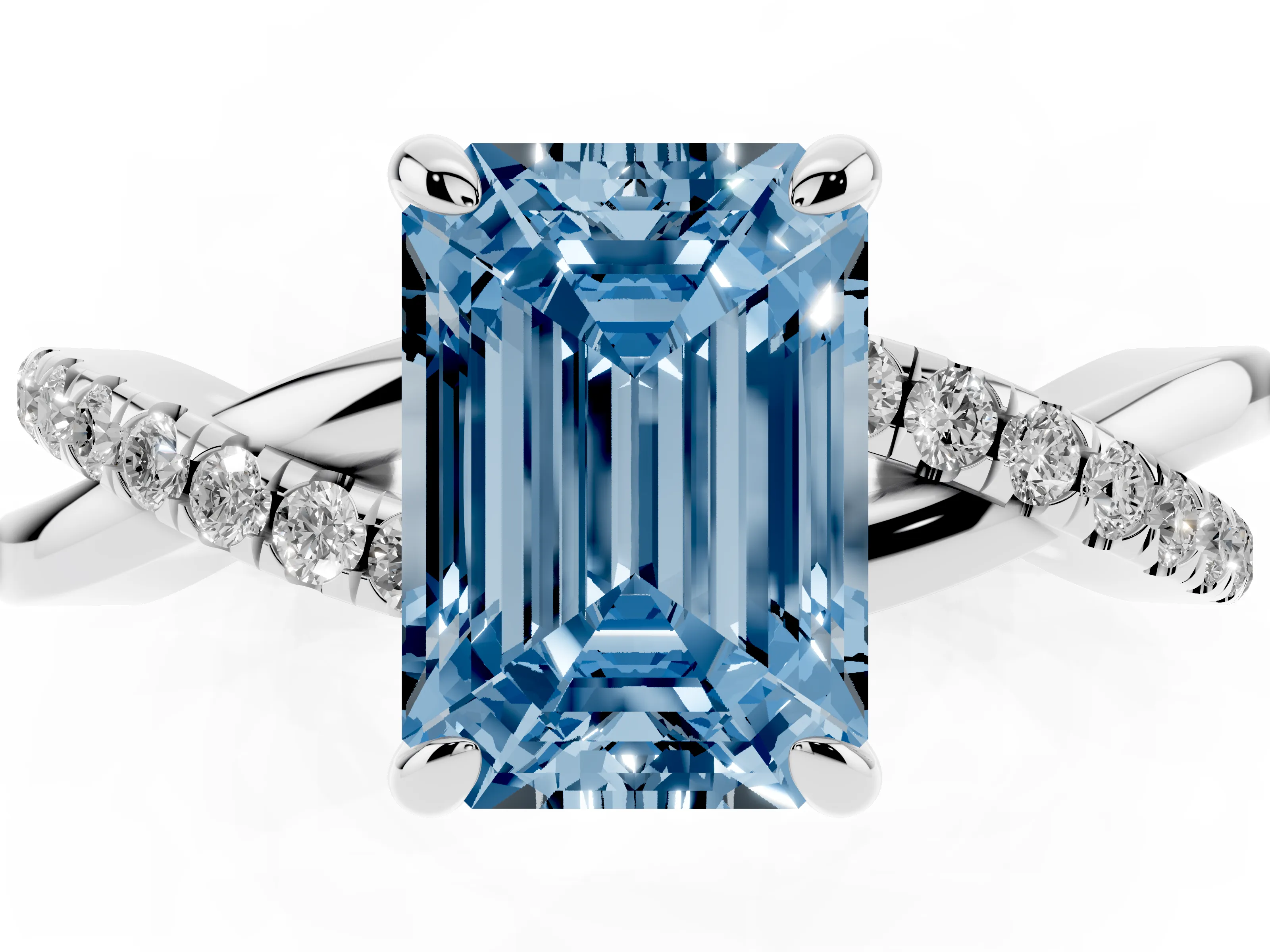 Fancy Blue Emerald Cut Diamond Twist Band Pavé Solitaire Ring Set in Silver with Prong Setting