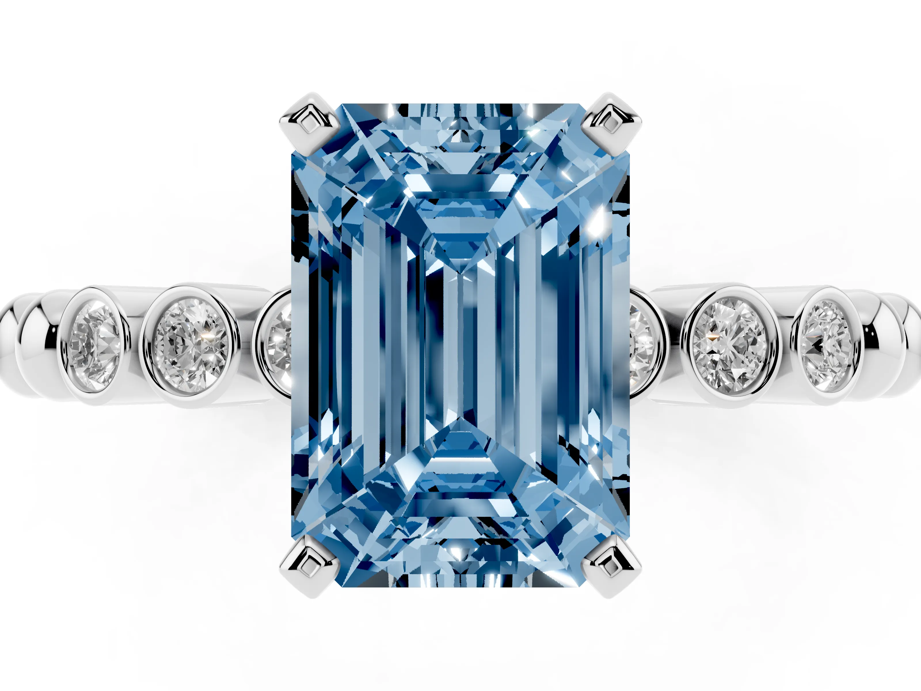 Fancy Blue Emerald Cut Diamond Solitaire Engagement Ring Set in White gold with Bezel Accents on Beaded Band