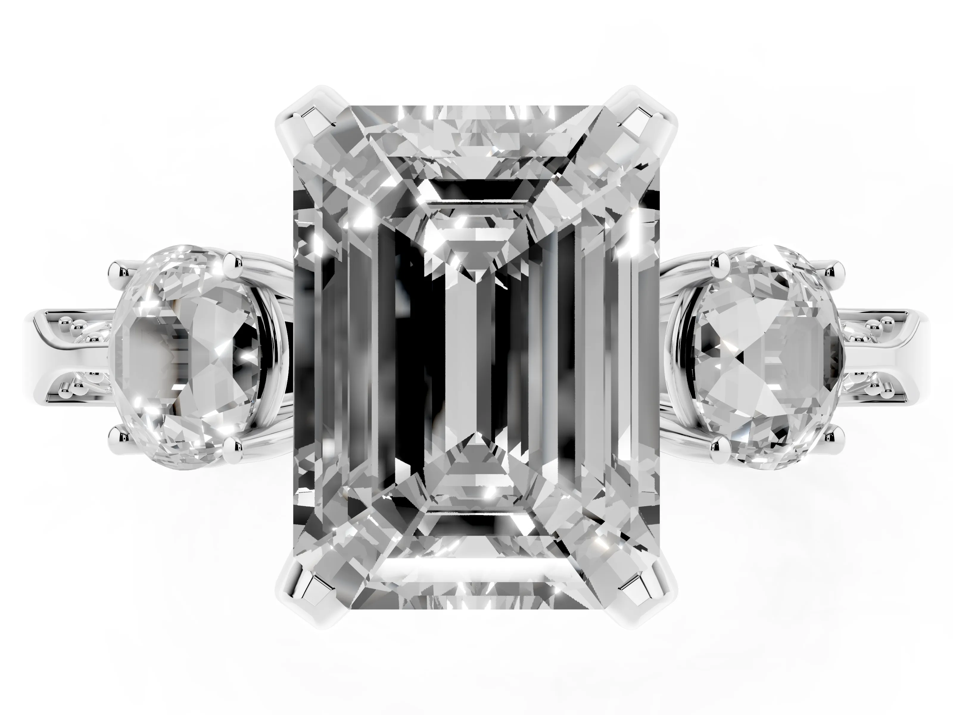 Fancy Blue Emerald Cut Diamond Three-Stone Ring Set in White gold with Pavé Band and Smaller Side Stones