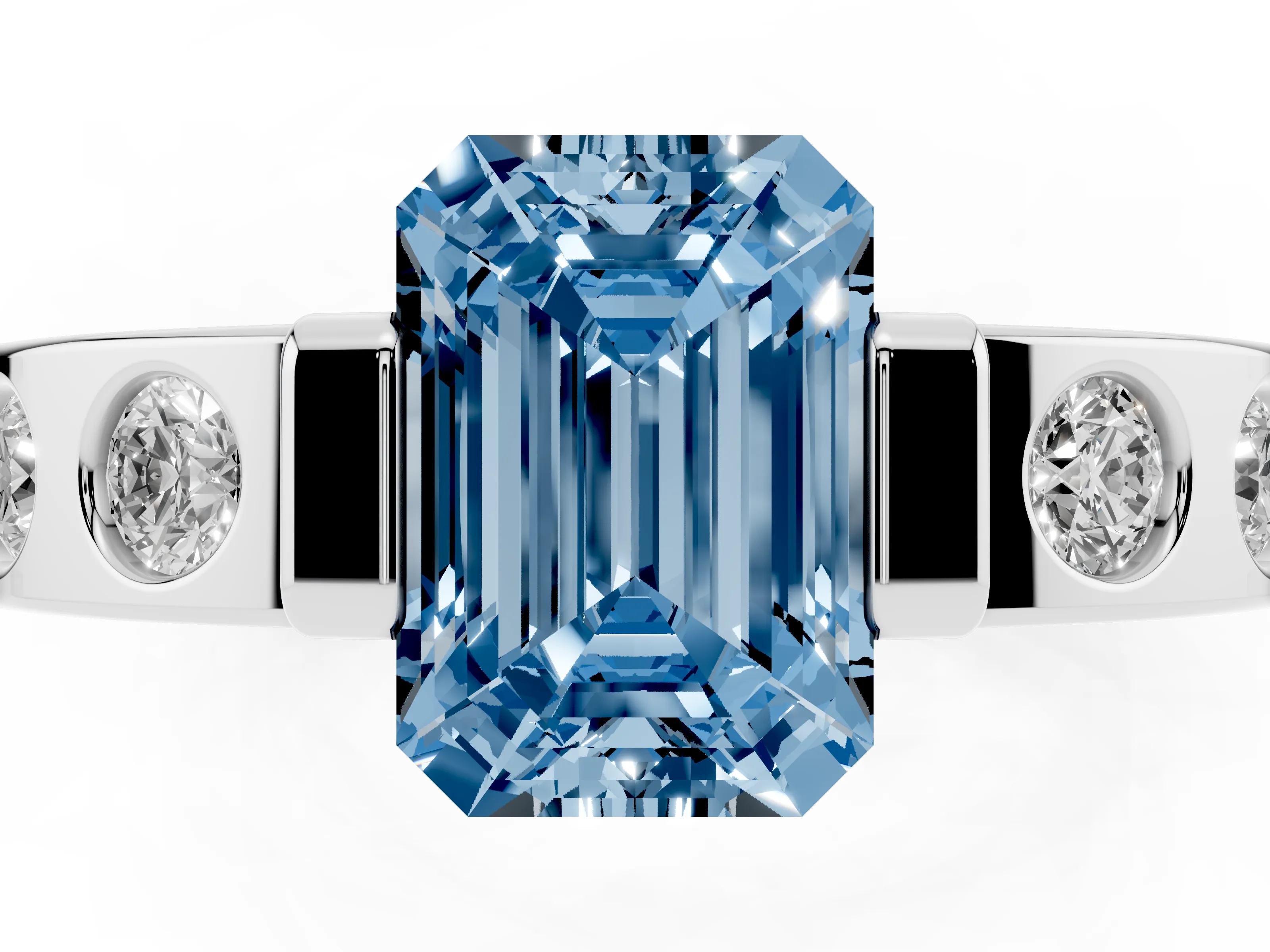 Fancy Blue Emerald Cut Diamond Channel-Set Band Ring Set in Platinum with Bezel Prong Setting