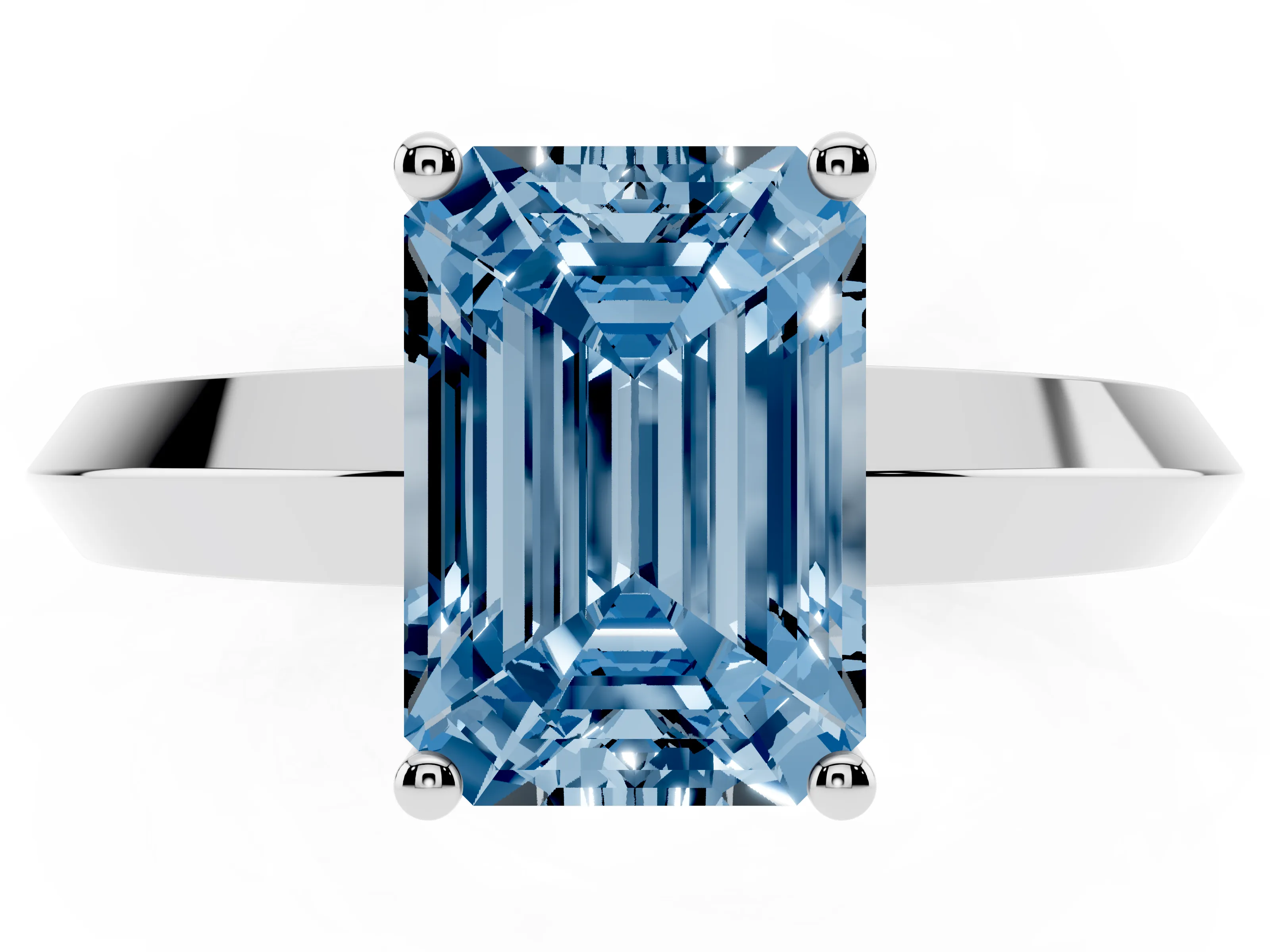 Fancy Blue Emerald Cut Diamond Solitaire Engagement Ring Set in Silver with Flat Band and Prong Setting