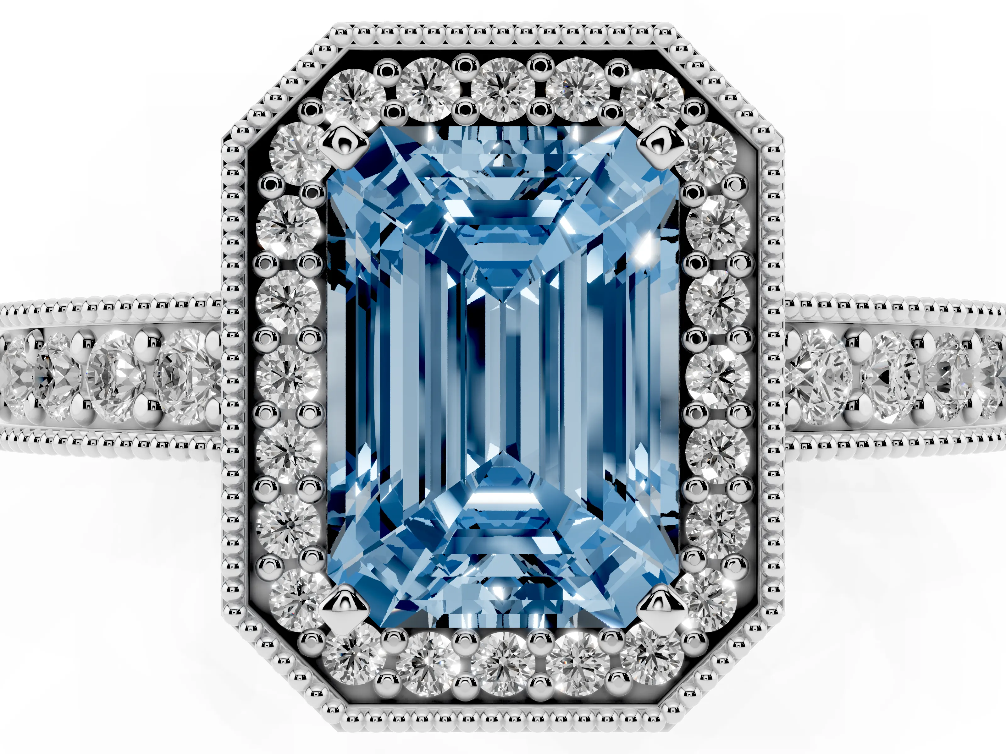 Fancy Blue Emerald Cut Diamond Halo Pavé Band Ring Set in Silver with Prong-Set Center