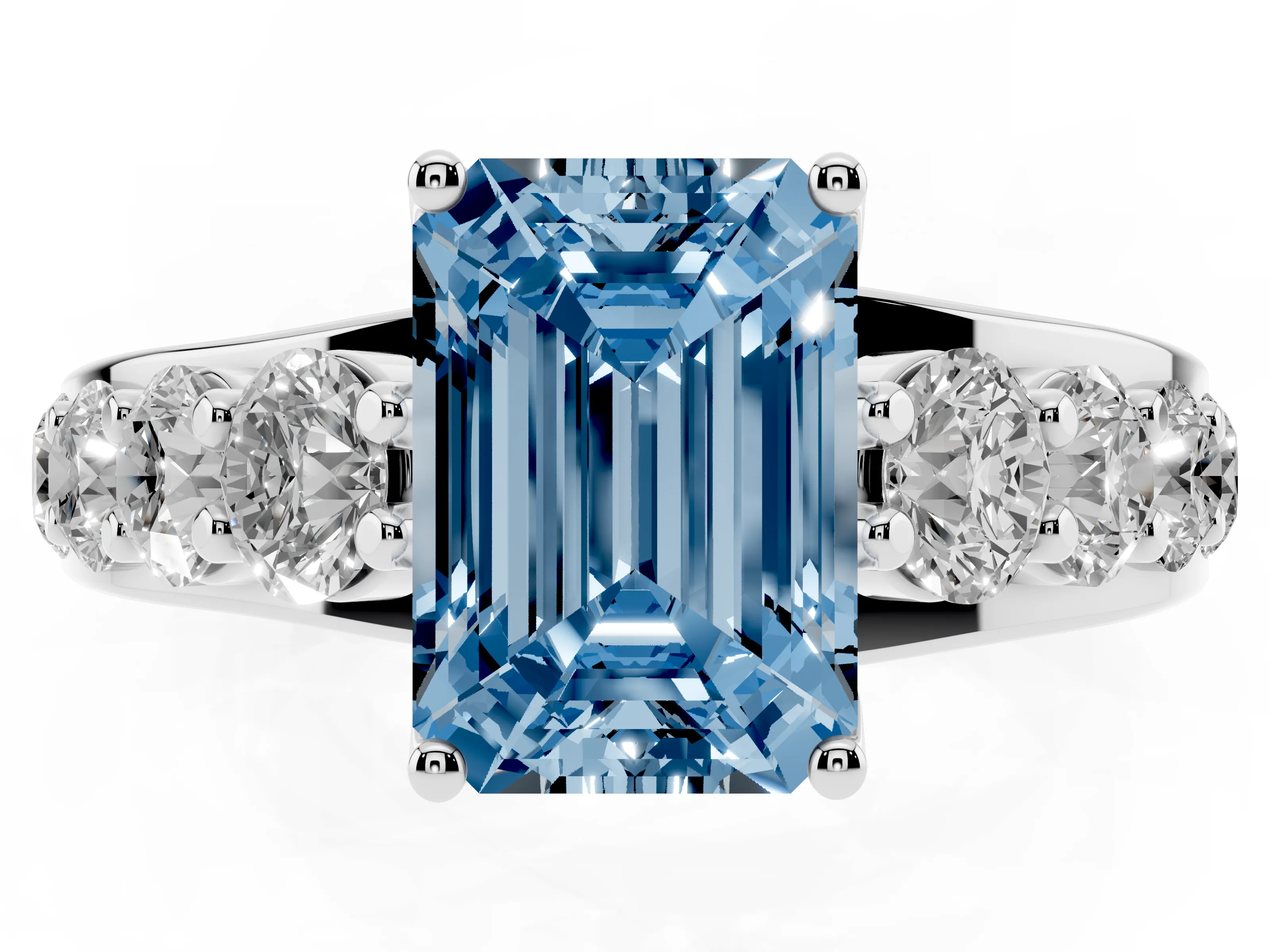 Fancy Blue Emerald Cut Diamond Pavé Engagement Ring Set in Platinum with Prong Setting