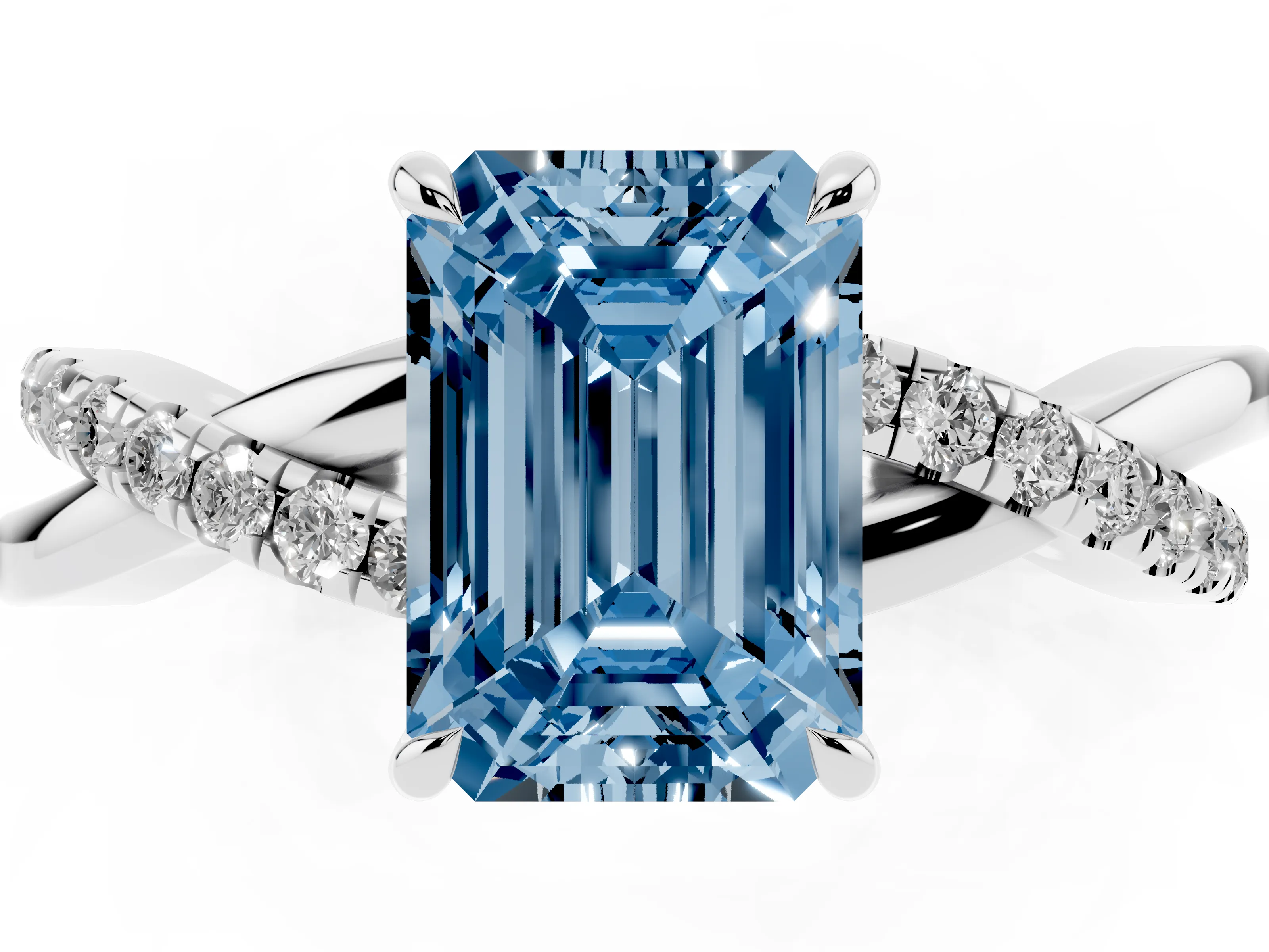 Fancy Blue Emerald Cut Diamond Twisted Pavé Band Ring Set in Silver with Prong Setting