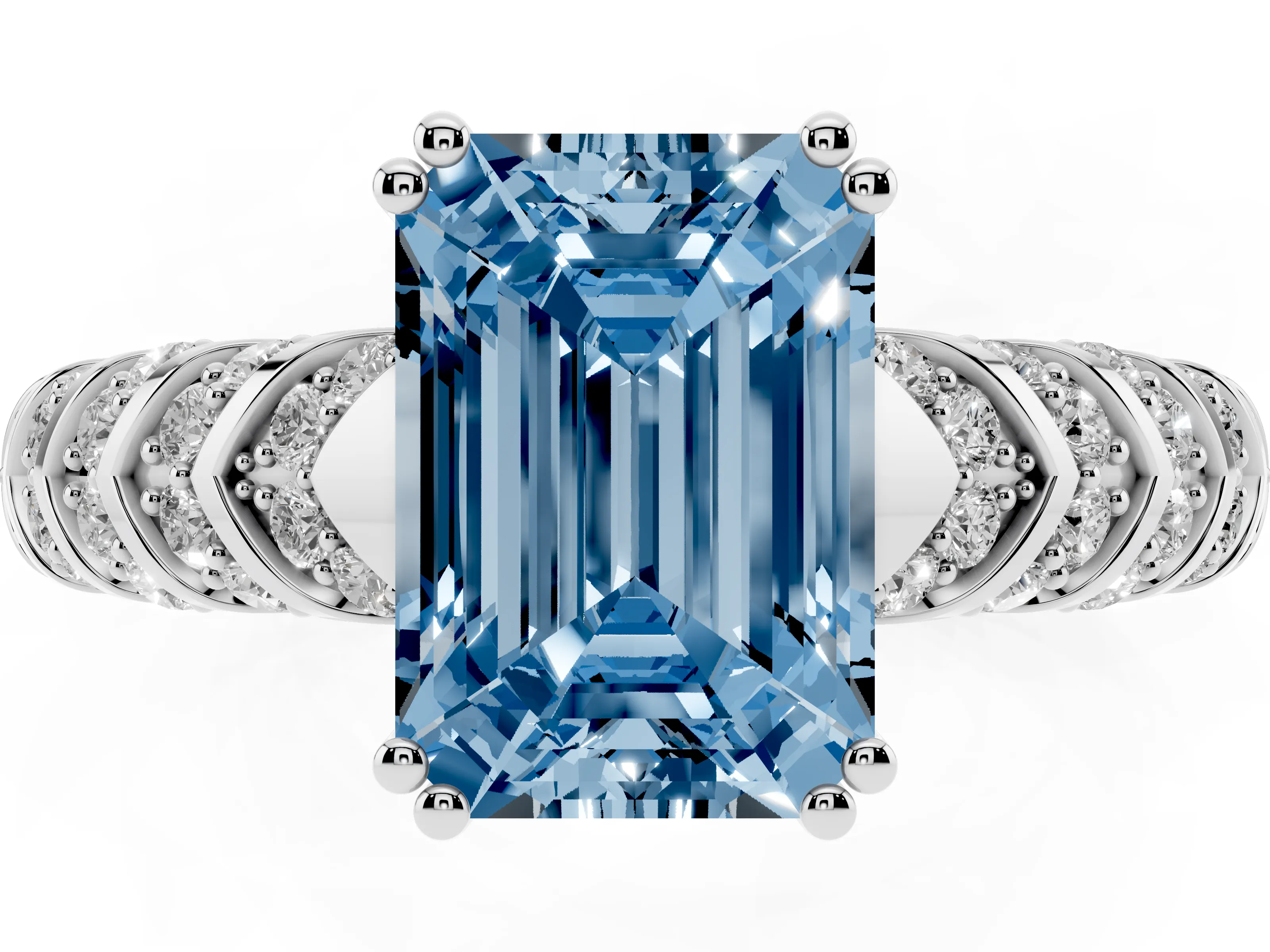 Fancy Blue Emerald Cut Diamond Solitaire Chevron Pavé Engagement Ring Set in Platinum with Prong Setting