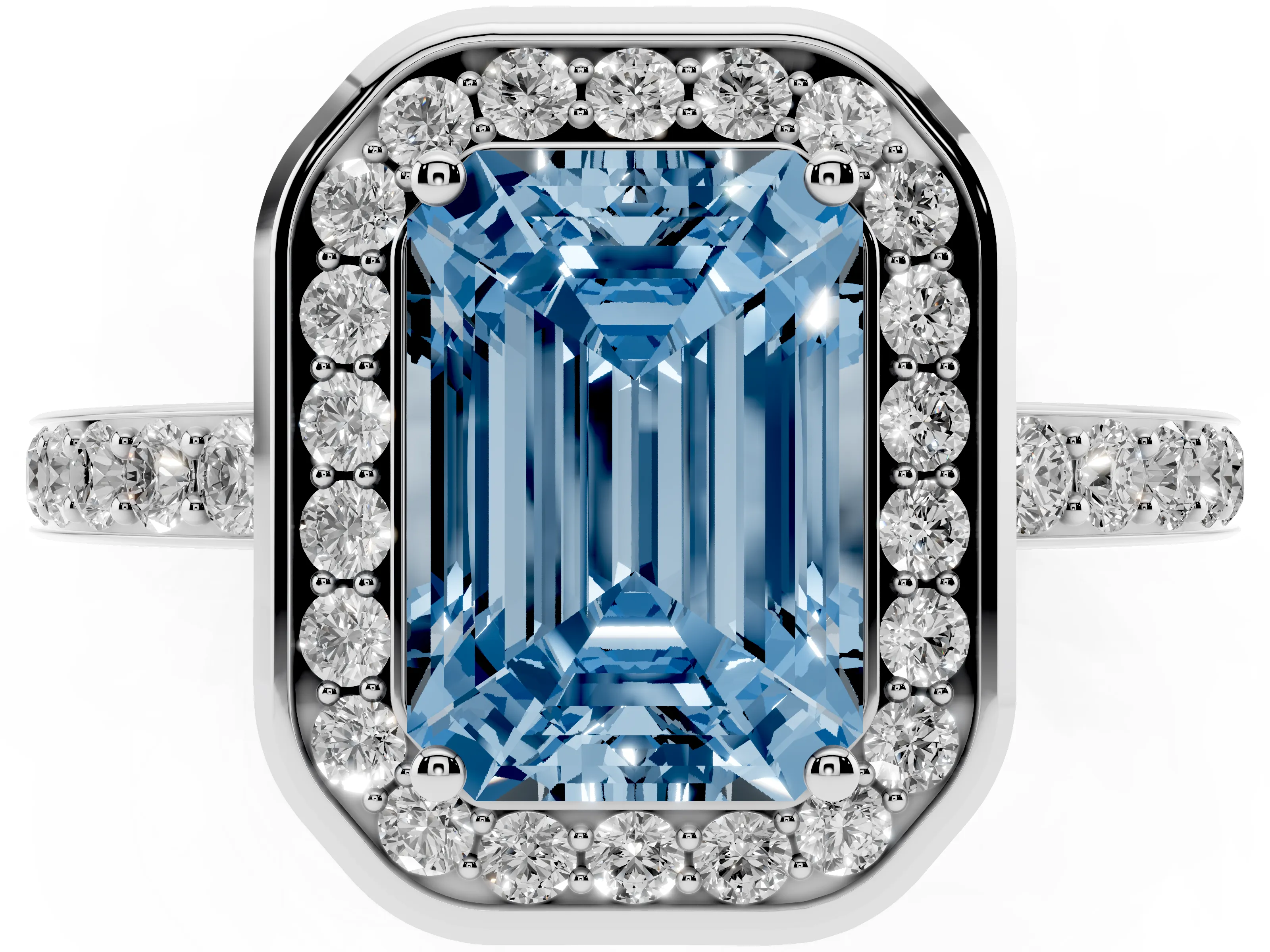 Fancy Blue Emerald Cut Diamond Halo Ring Set in White gold with Bezel Frame and Pavé Band