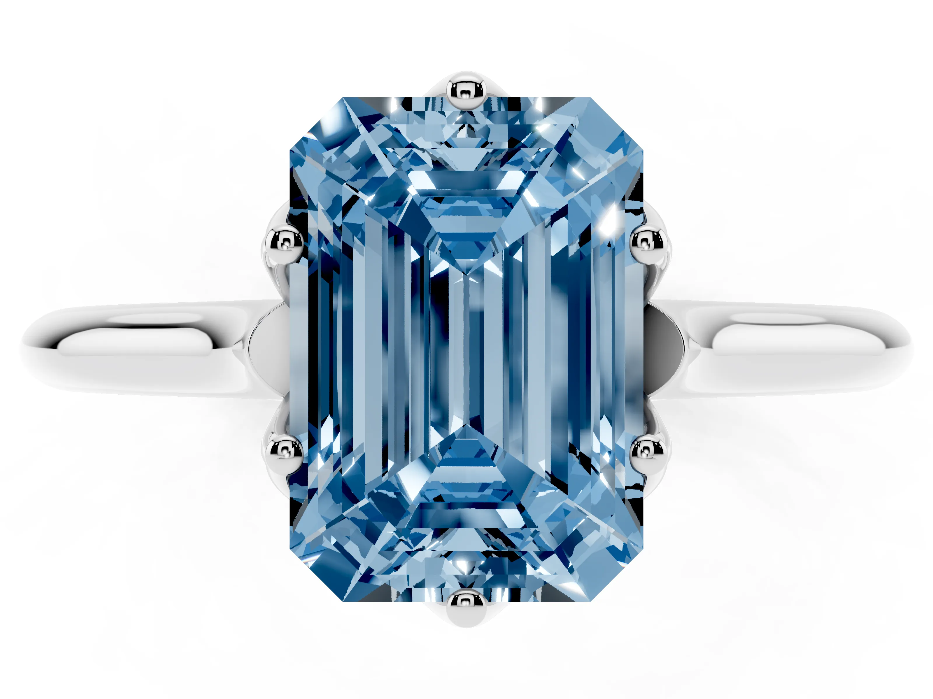 Fancy Blue Emerald Cut Diamond Solitaire Cathedral Ring Set in Platinum with Prong Setting